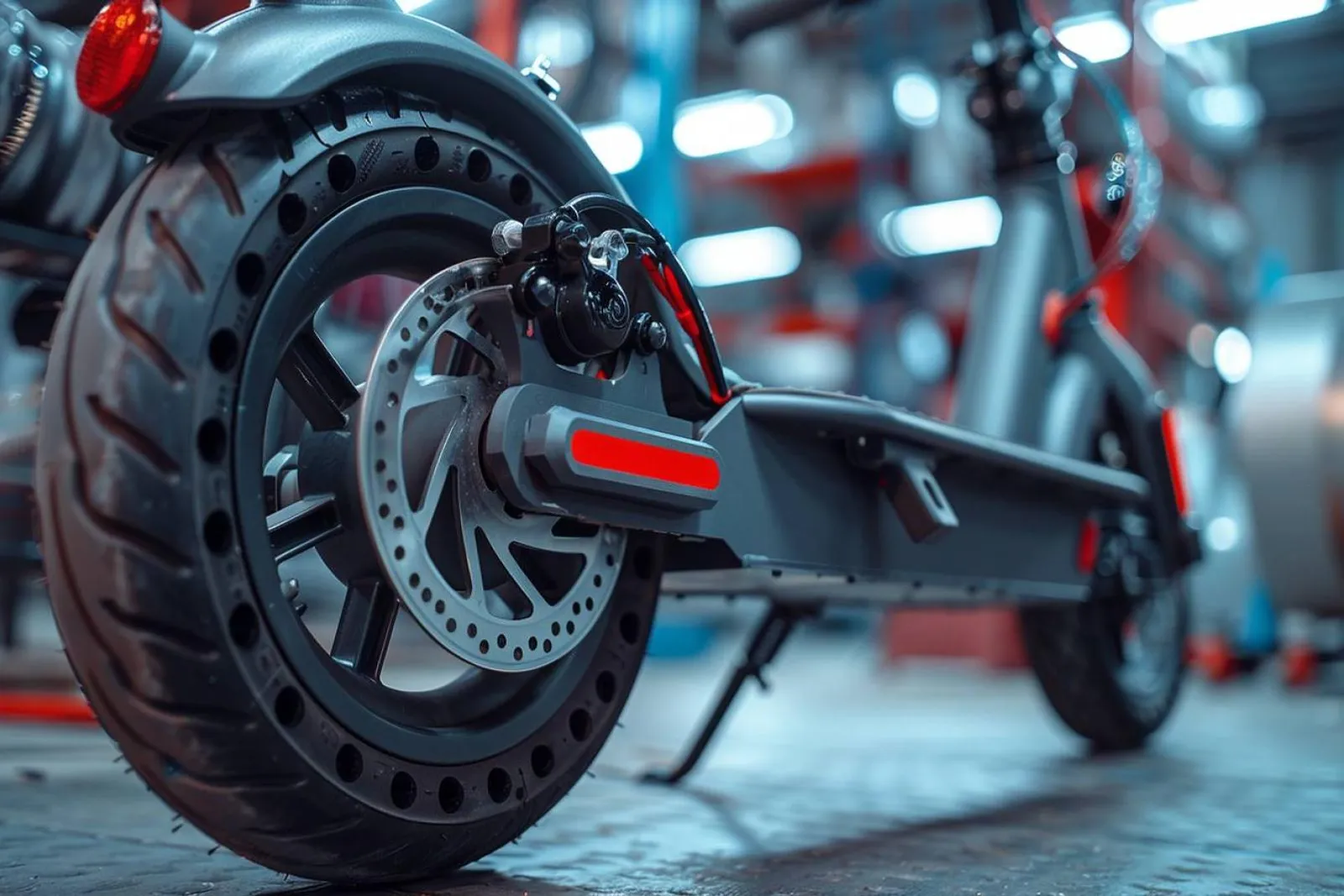 Une personne inspecte la suspension avant d’une trottinette électrique sur un trottoir de ville.