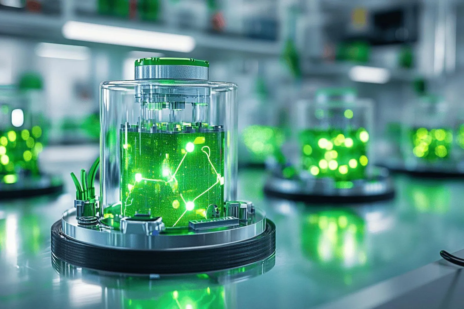 Une batterie de voiture électrique en atelier, avec un technicien qui examine des composants destinés au recyclage.