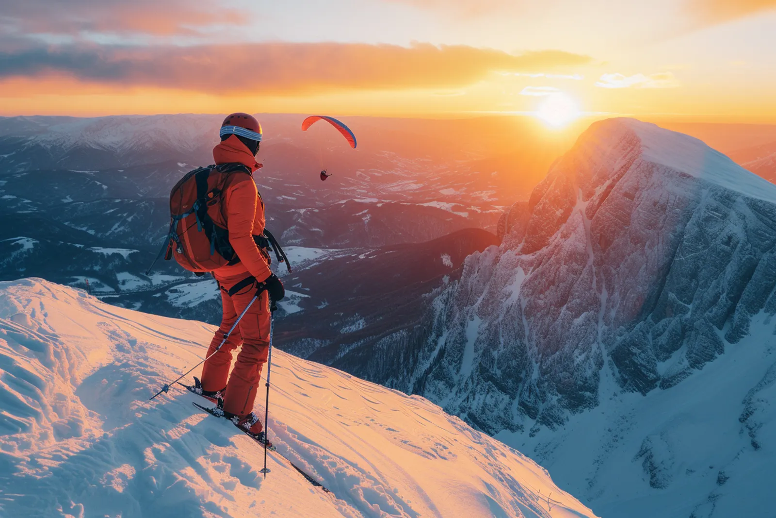 Un skieur prépare le décollage d’une voile de parapente sur une crête enneigée, au milieu d’un paysage alpin hivernal.