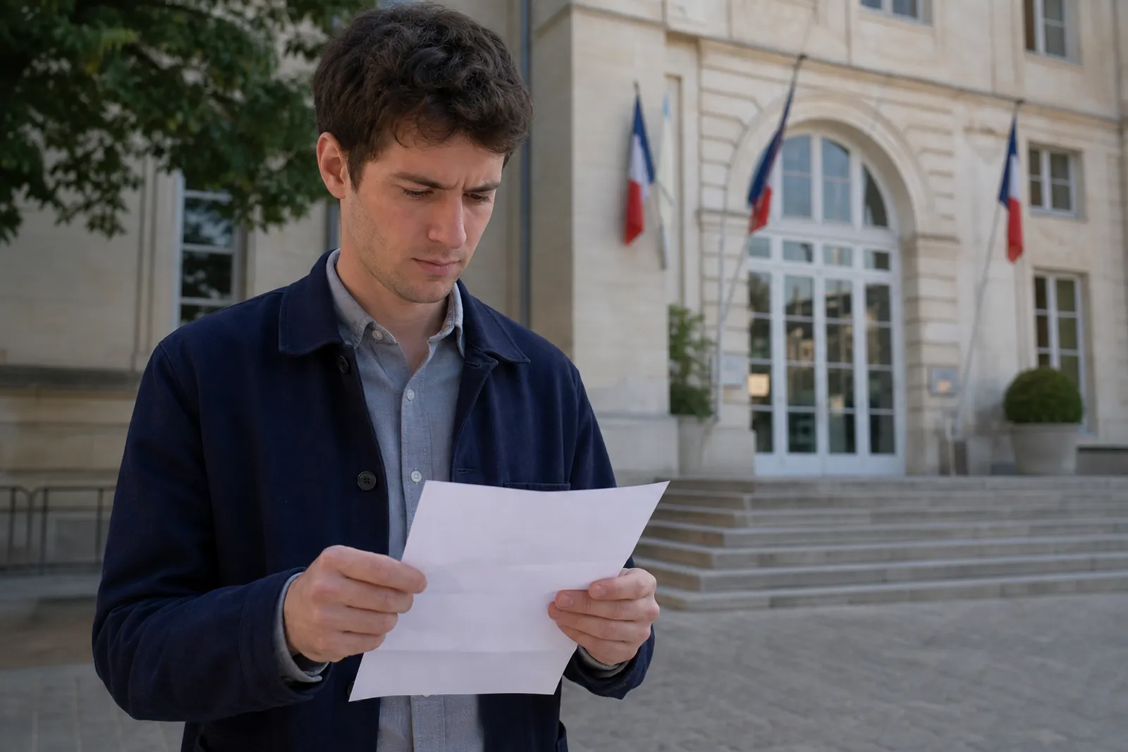 Un jeune consulte son smartphone devant un centre administratif, une convocation officielle à la main.