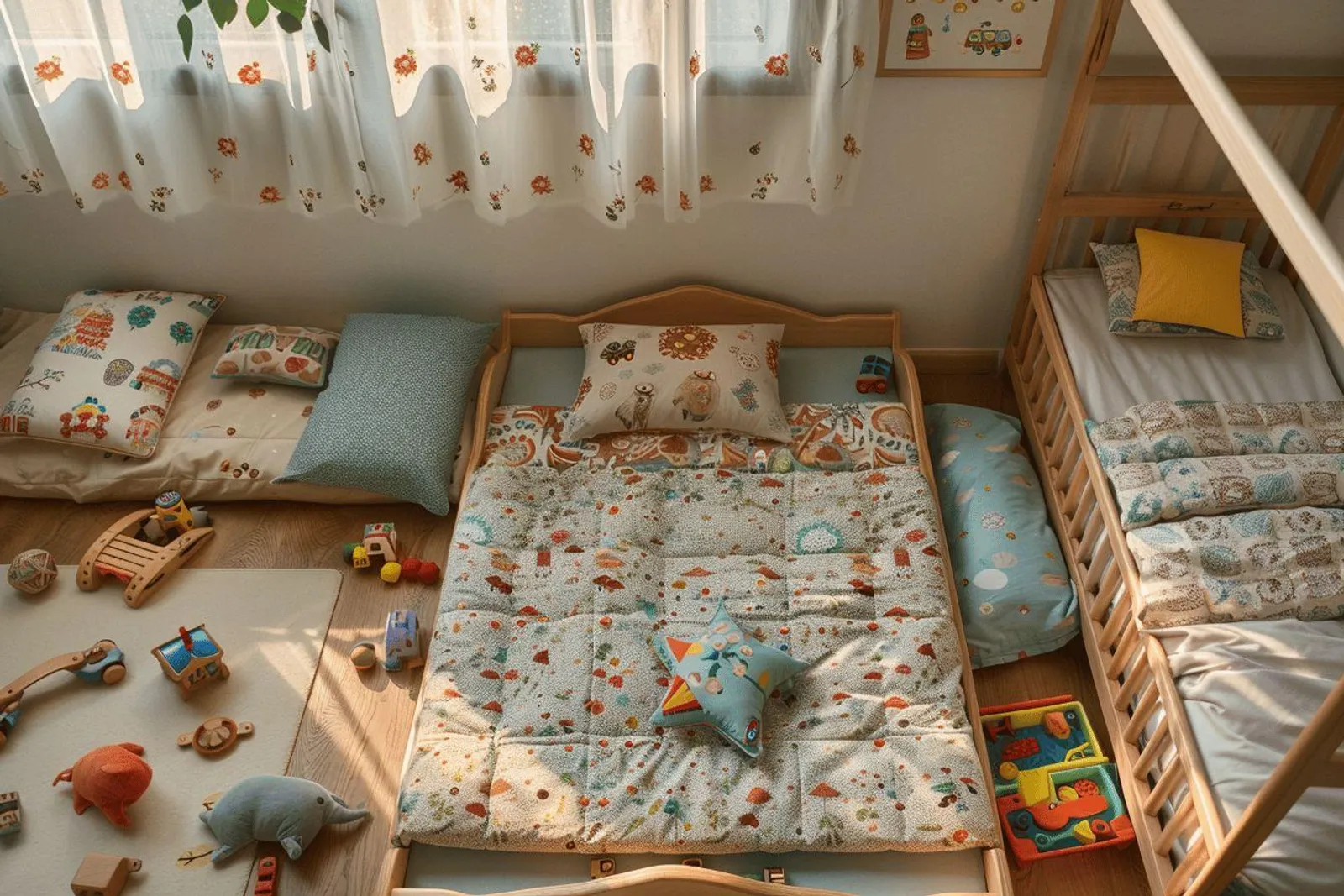 Un jeune enfant monte seul dans un lit Montessori bas dans une chambre lumineuse et sécurisée.