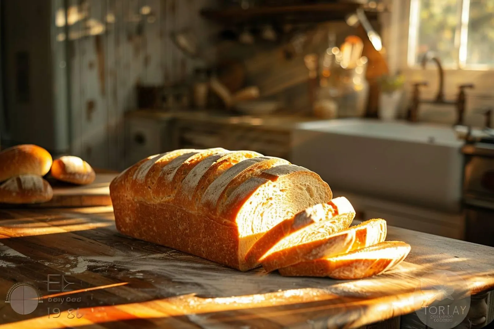 Un pain partiellement décongelé posé sur un plan de travail de cuisine, avec des emballages de congélation en arrière-plan.