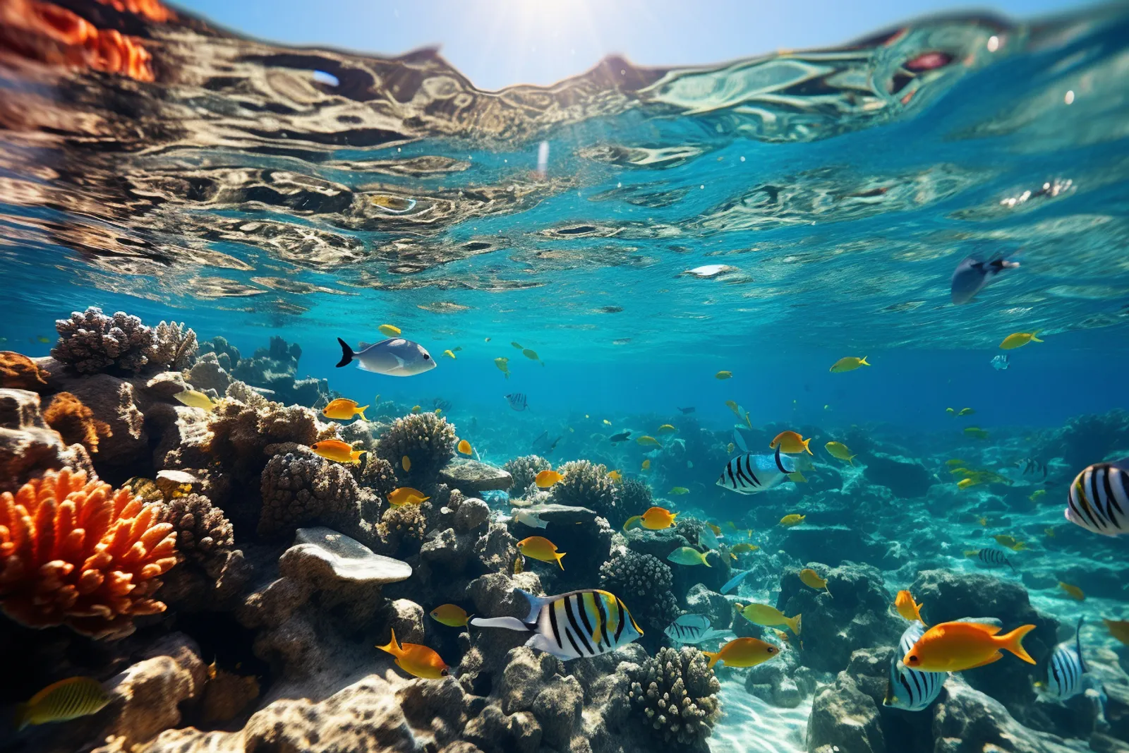 Un récif corallien vivant de la mer Rouge avec des poissons tropicaux et une lumière naturelle sous-marine.