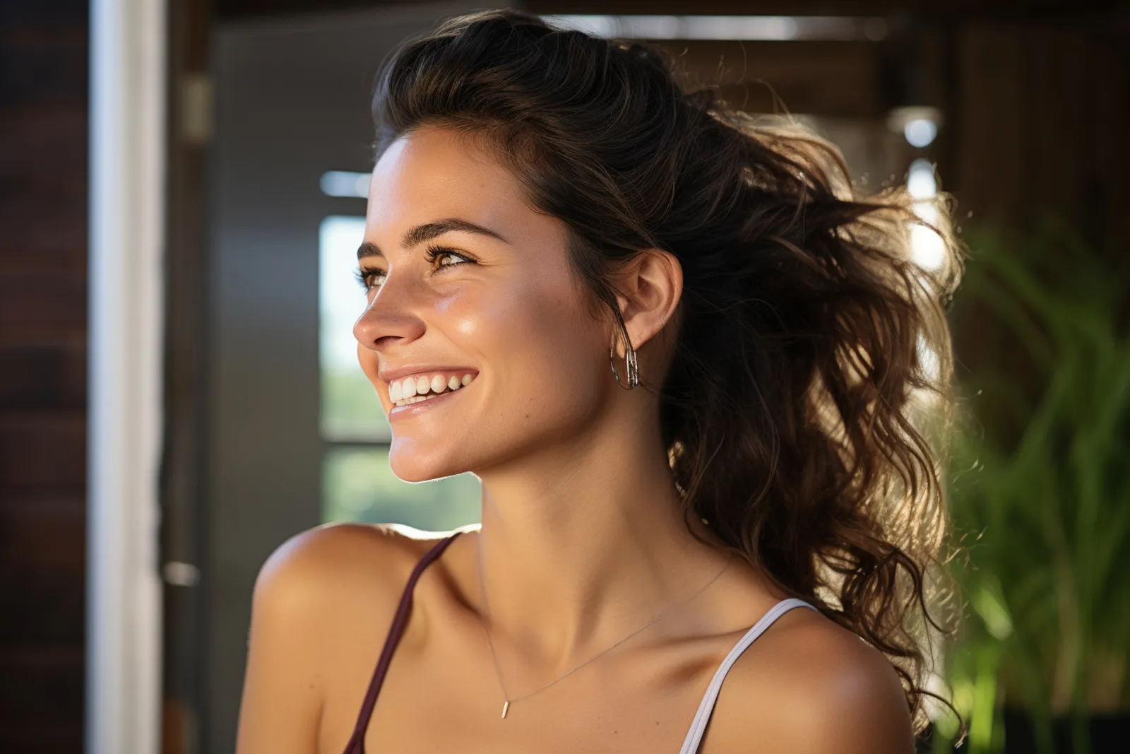 Portrait réaliste d’une personne souriante avec de subtiles fossettes sur les joues, en lumière naturelle.