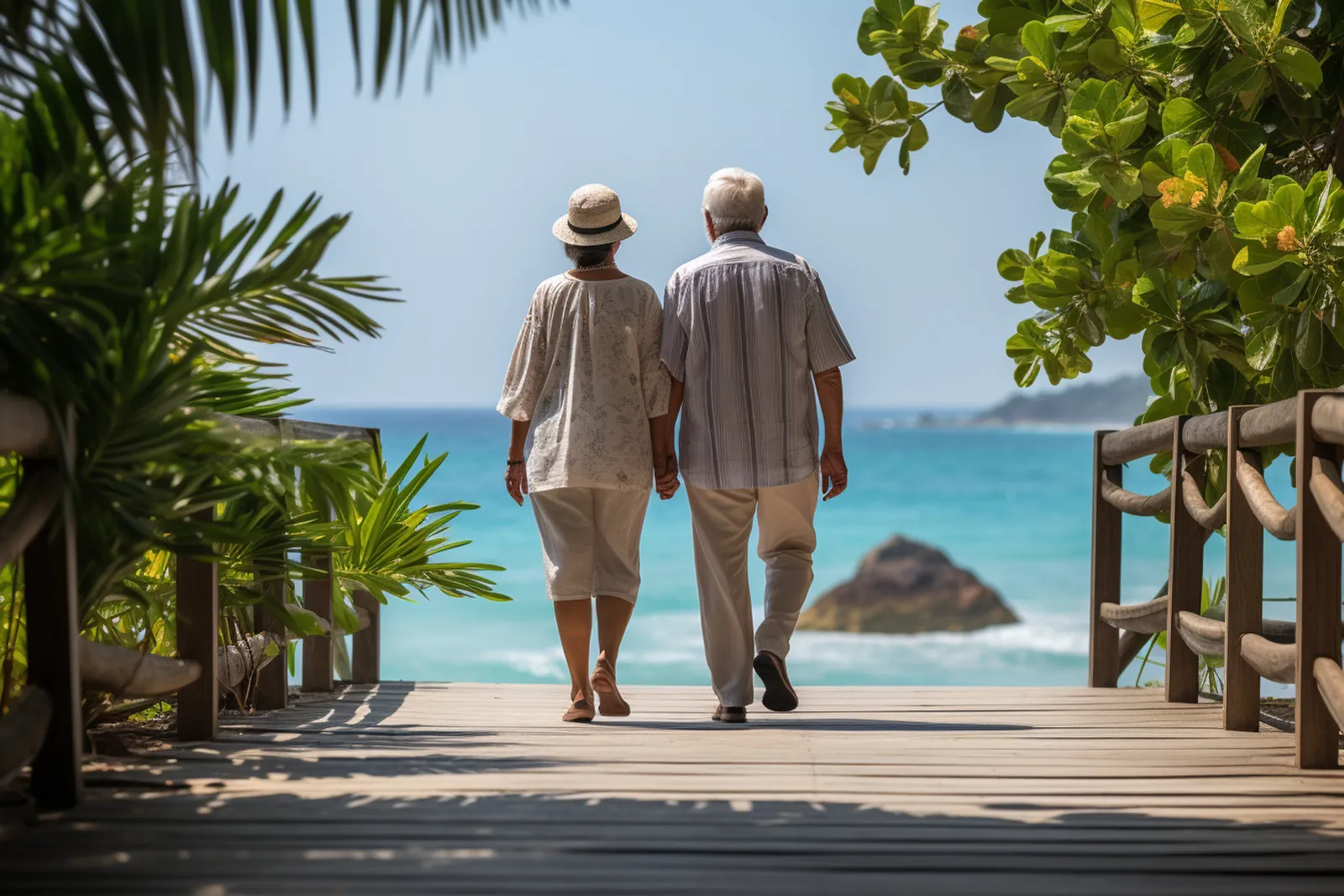 Un couple de retraités marche sur une promenade en bord de mer, dans une ambiance méditerranéenne ensoleillée.