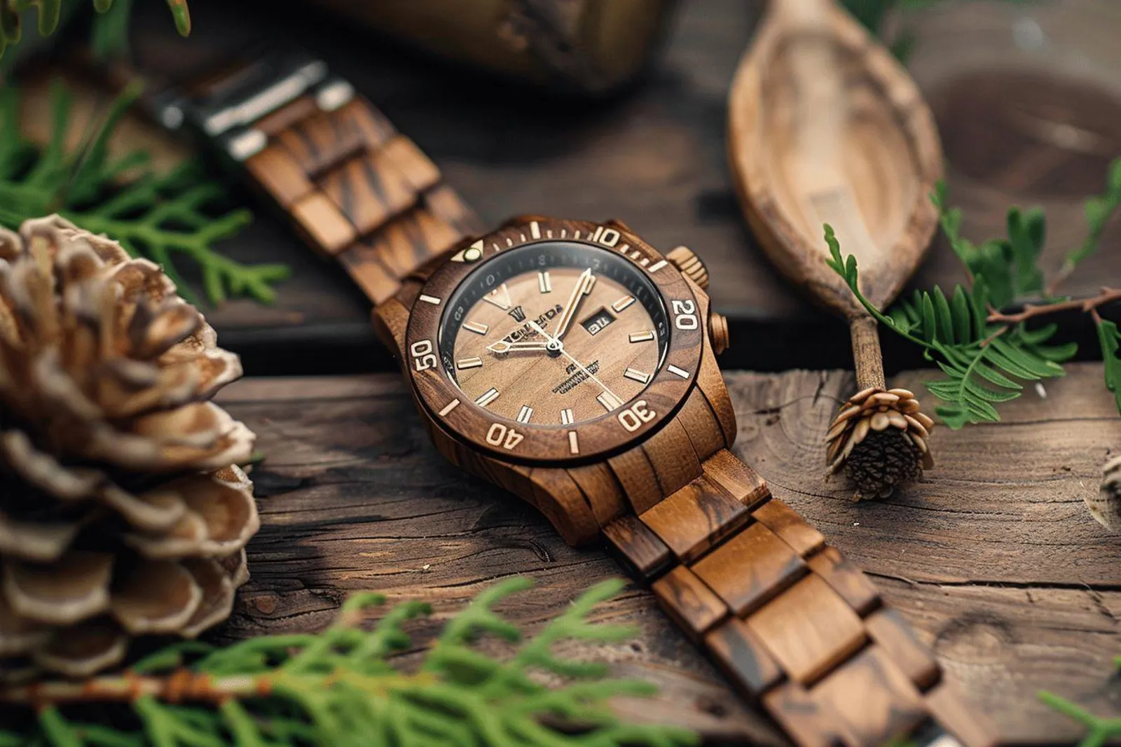 Une montre en bois posée sur un textile naturel, avec une lumière douce et un style éditorial chaleureux.