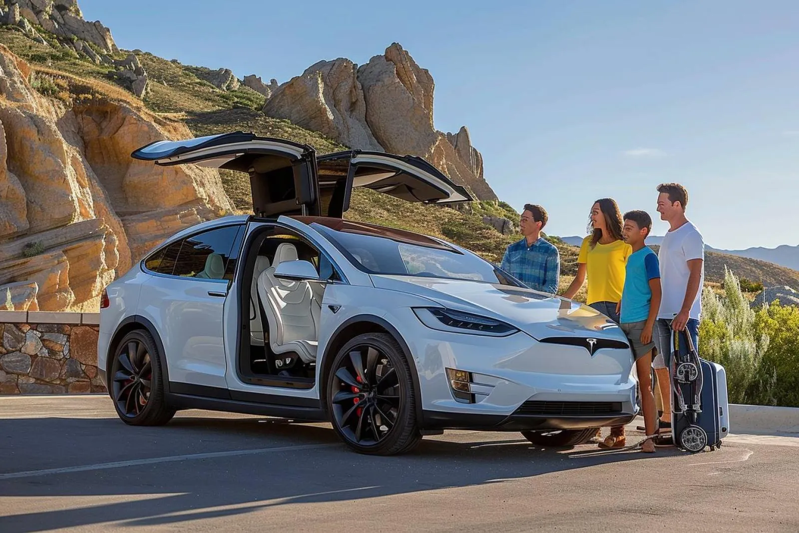Une famille prépare un voyage dans une Tesla avec sièges enfant, rangement organisé et accessoires de confort visibles à l’arrière.