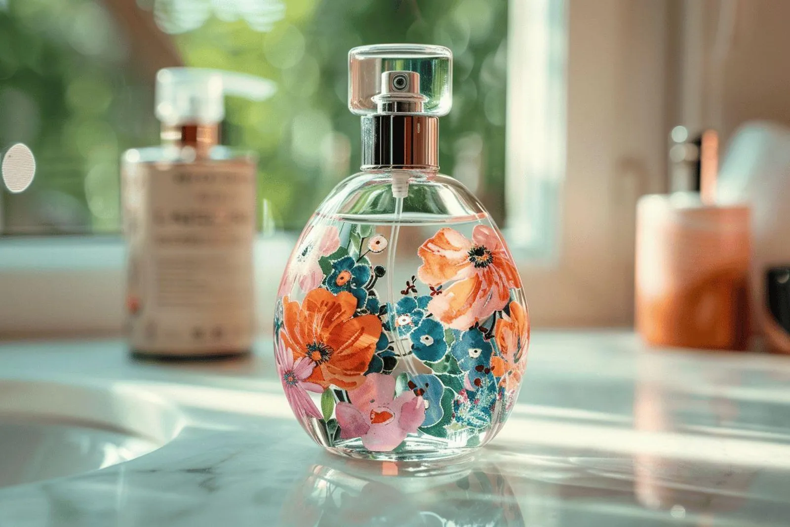 Flacon de soin intime sans parfum posé dans une salle de bain lumineuse, avec une serviette pliée et une ambiance de routine douce et prudente.