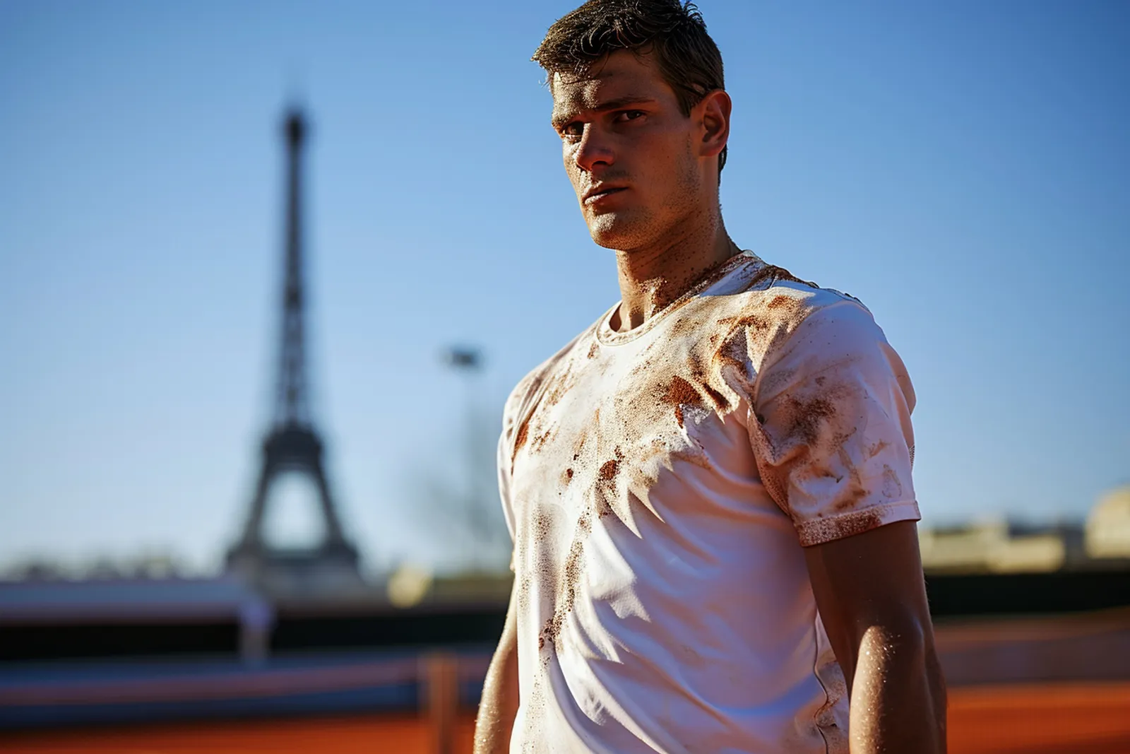 Un échange intense sur un court de terre battue à Roland Garros, avec deux joueurs en plein déplacement sous une lumière naturelle.
