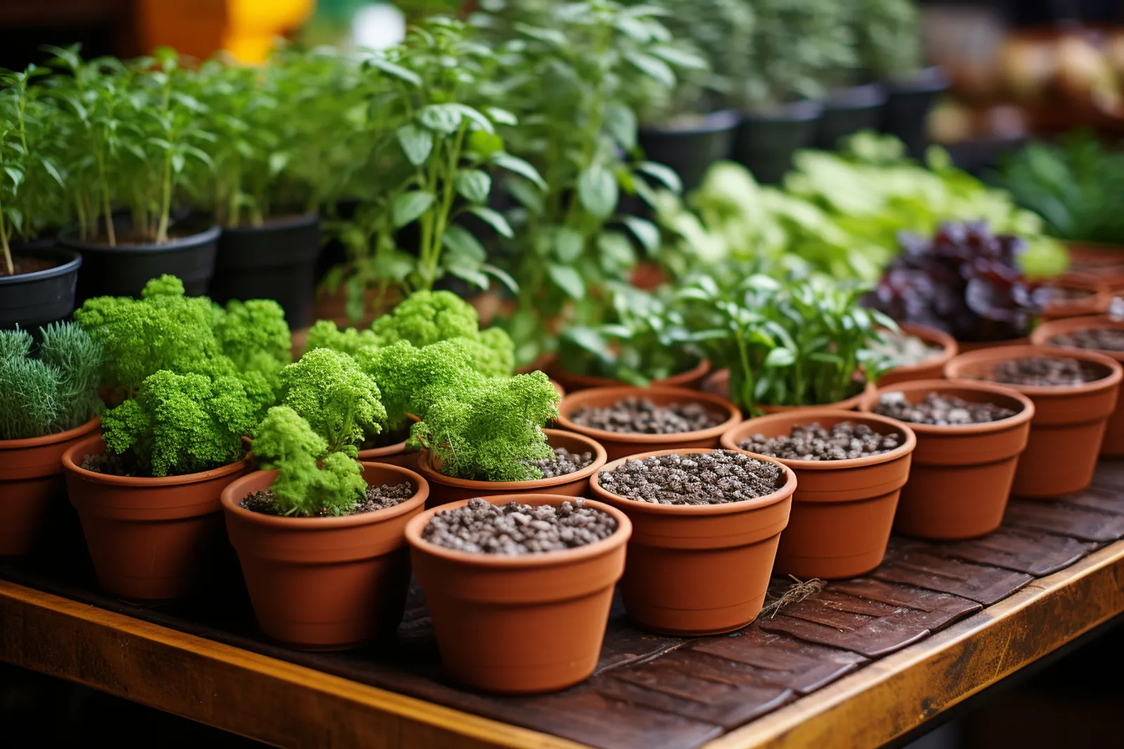 Un balcon lumineux avec plusieurs plantes aromatiques en pots, pendant qu’une main les taille délicatement.