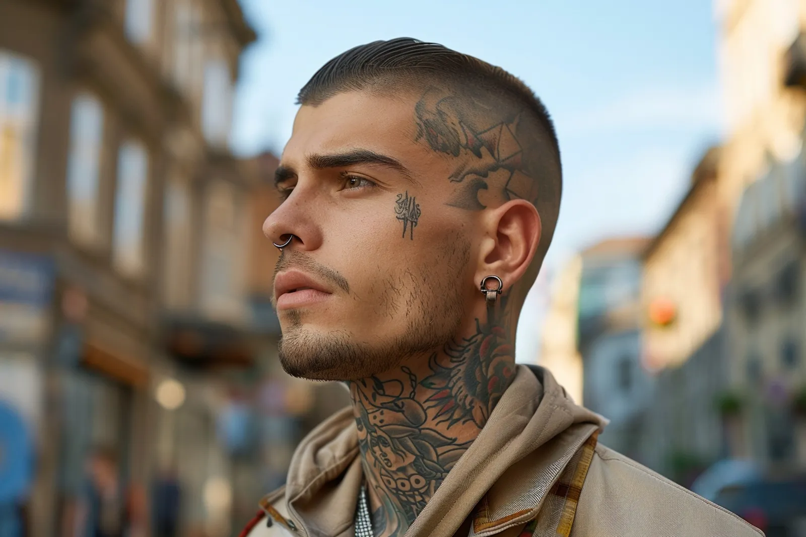 Un homme adulte portant un tatouage de cou visible, dans une ambiance urbaine contemporaine et sobre.