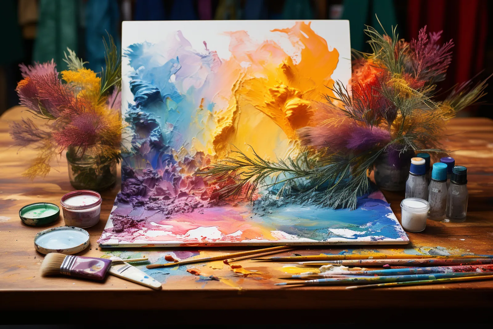 Une scène réaliste de débutant en peinture à l’huile avec pinceaux, palette et toile en cours de réalisation sous une lumière naturelle.