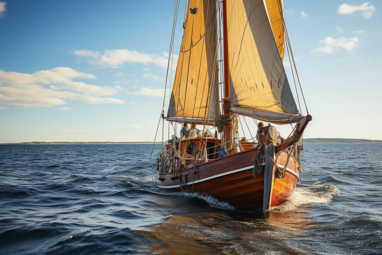 Un voilier traditionnel navigue à la voile avec un équipage qui règle les cordages à la main, en pleine lumière naturelle.