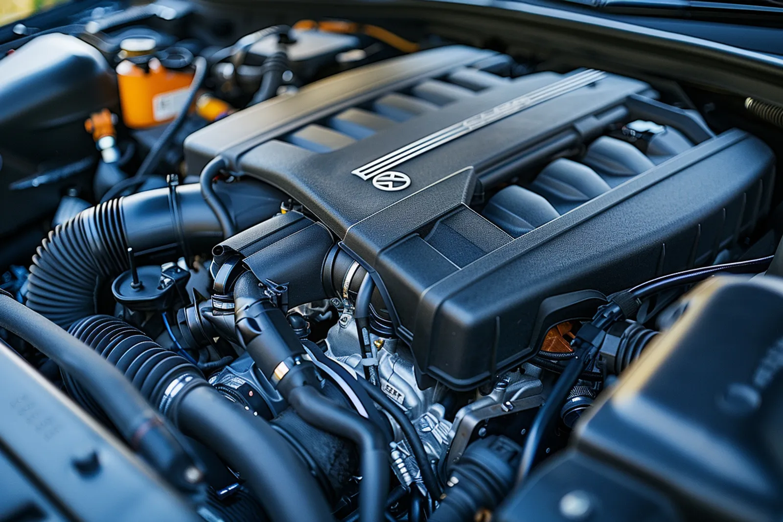Une personne examine le bloc moteur sous le capot d’une voiture pour repérer le numéro de moteur.