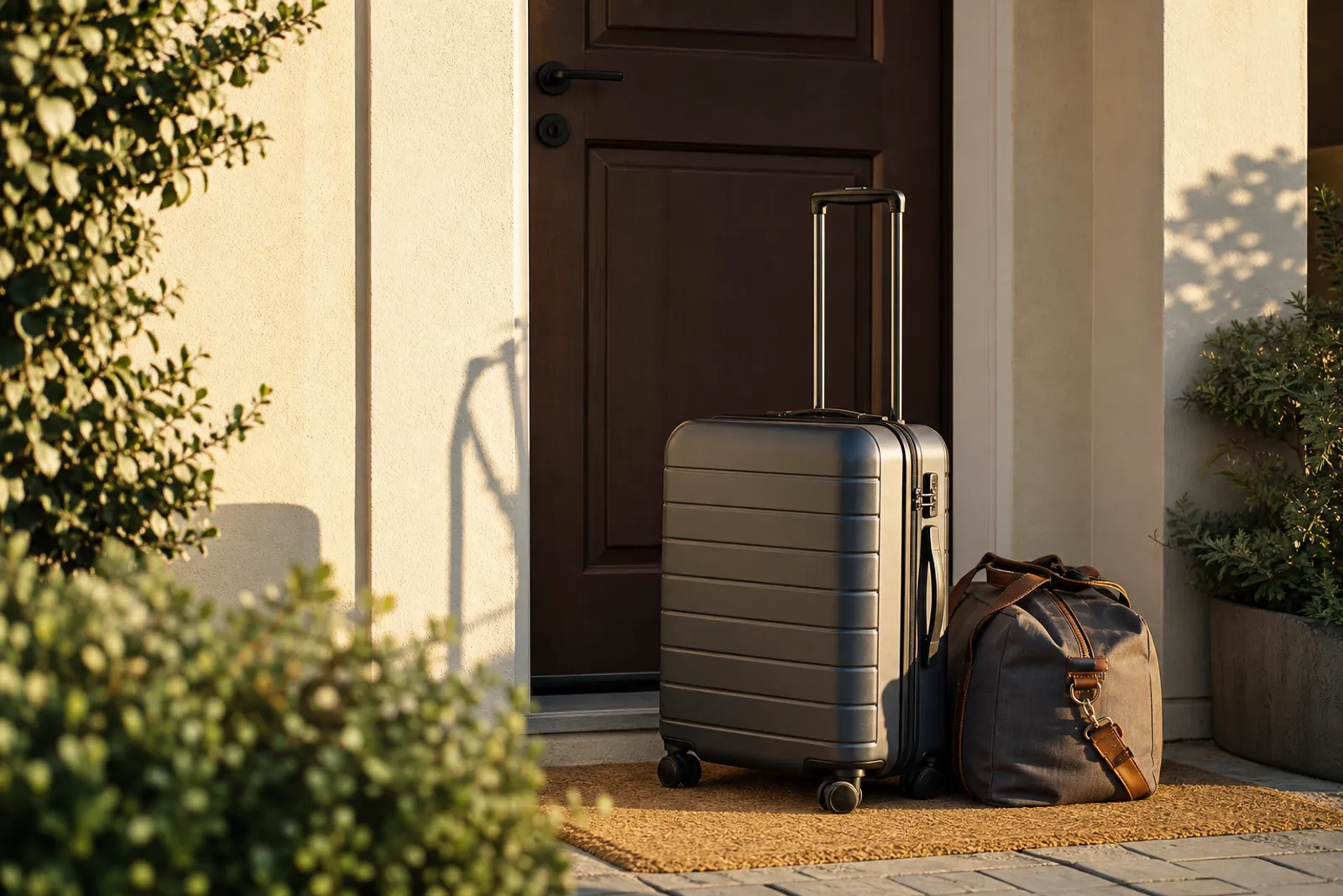 Une valise posée devant la porte close d'une maison de vacances, lumière de fin de journée, ambiance de départ contrarié.