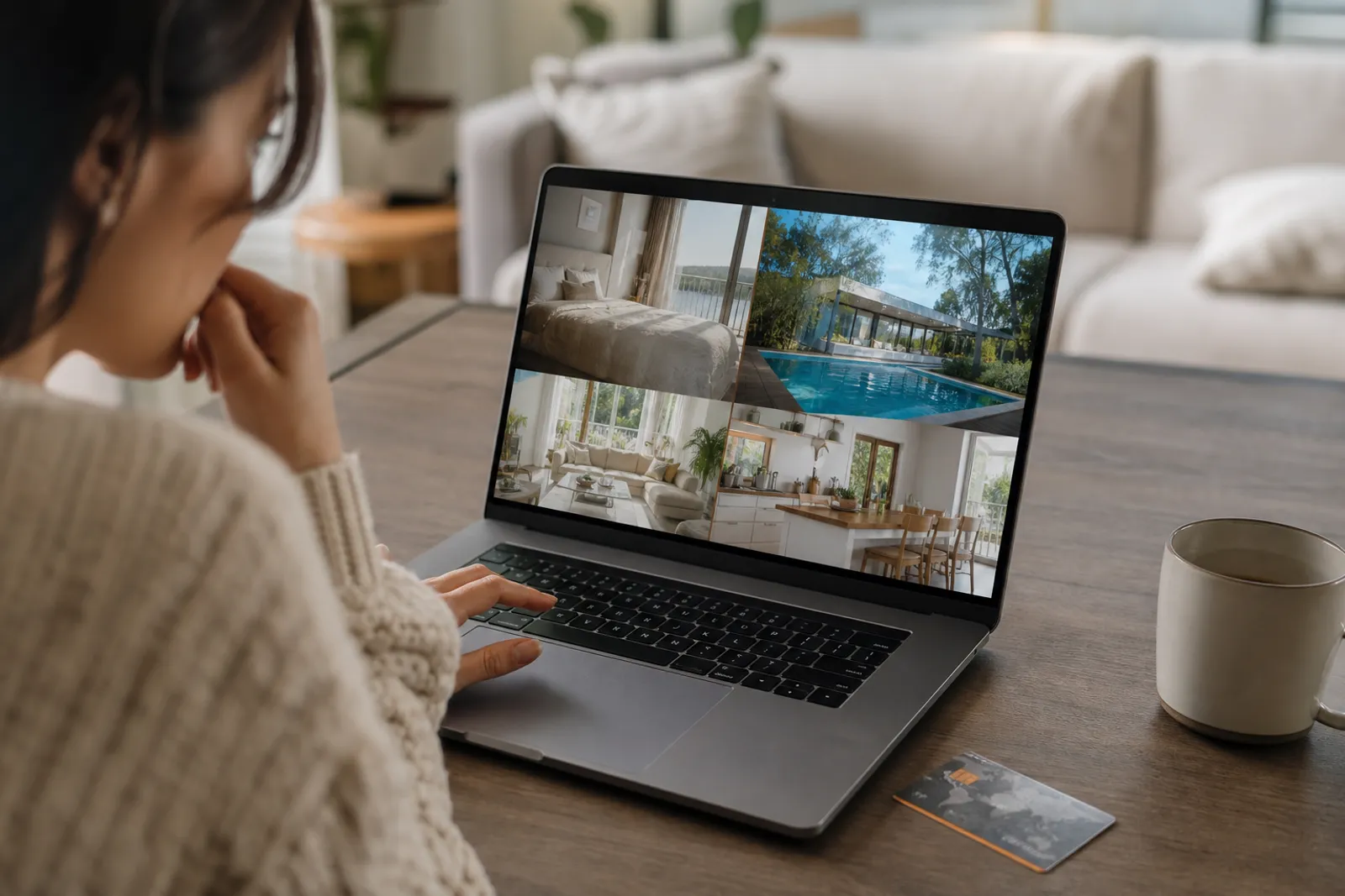 Une personne consulte une annonce de location de vacances sur un ordinateur portable, avec une carte bancaire posée à côté.