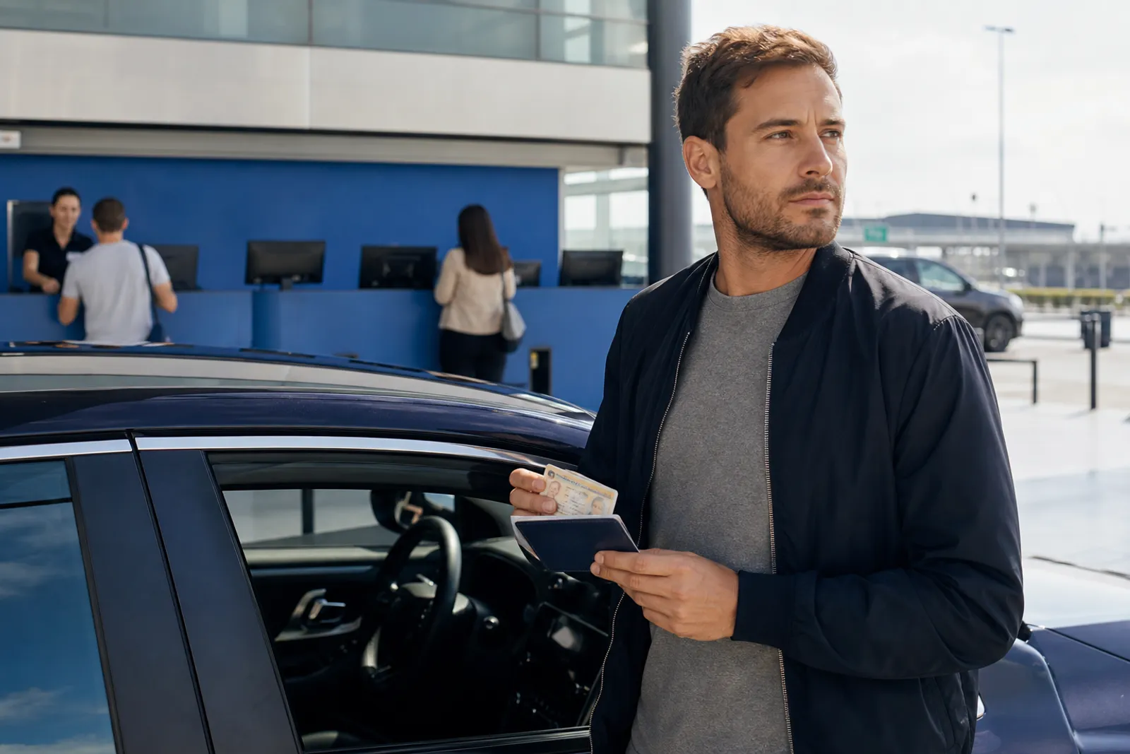 Un voyageur tient son permis de conduire et son passeport devant une voiture de location, au comptoir d'un aéroport.