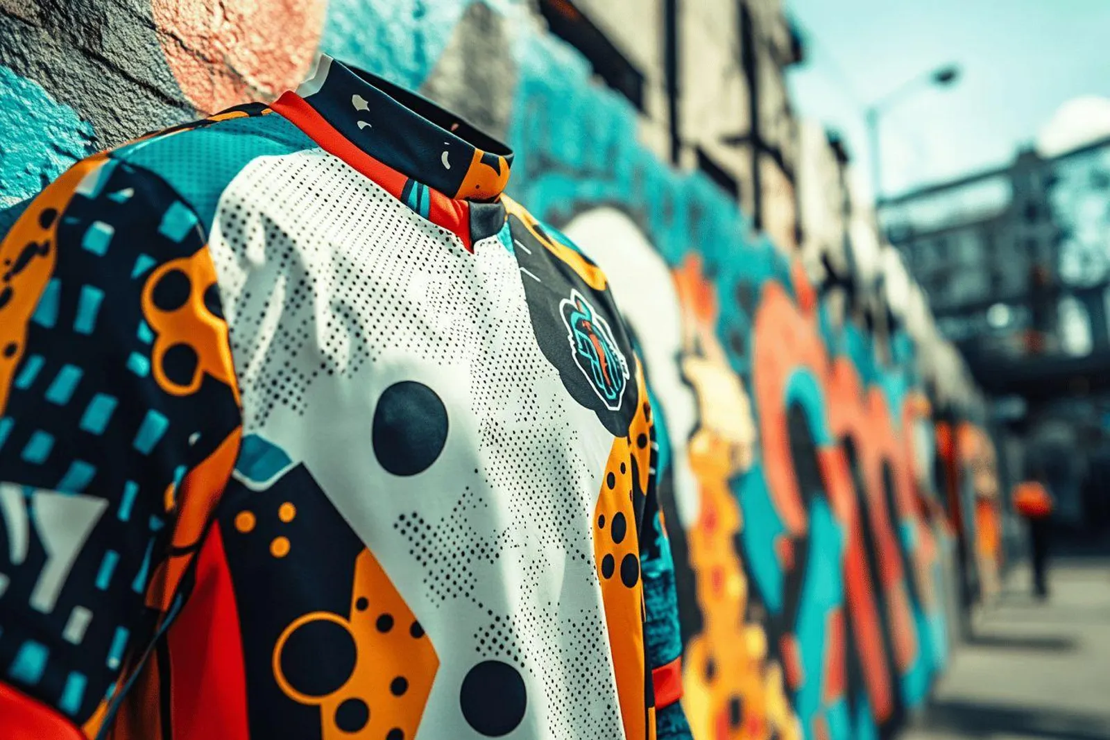 Une personne portant un maillot de foot oversize avec un jean large et des sneakers blanches dans une rue urbaine.