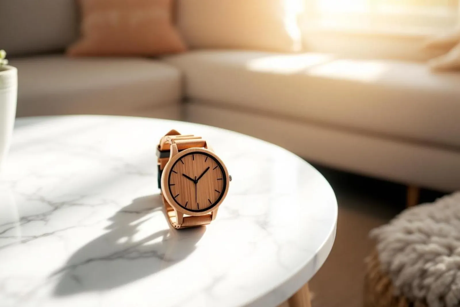 Une montre en bois minimaliste posée près d’une manche en lin et d’un carnet, dans une ambiance naturelle et épurée.