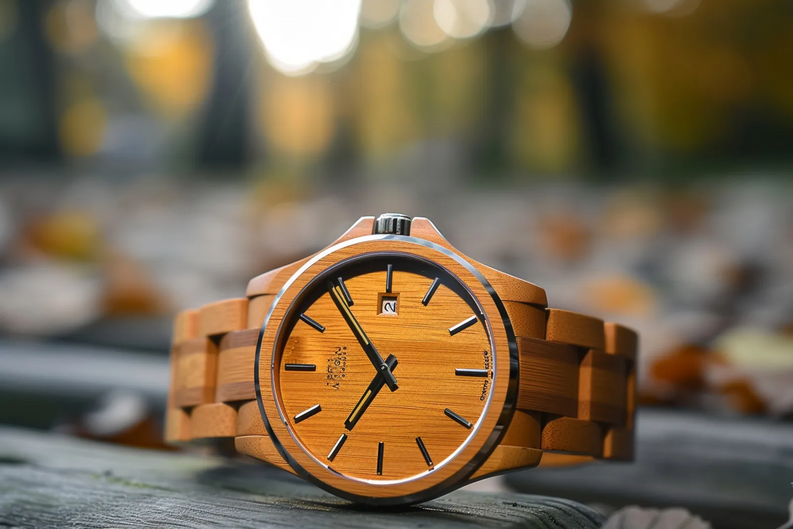 Une montre en bois pour homme posée sur un bureau en bois clair, dans une scène sobre et élégante éclairée naturellement.