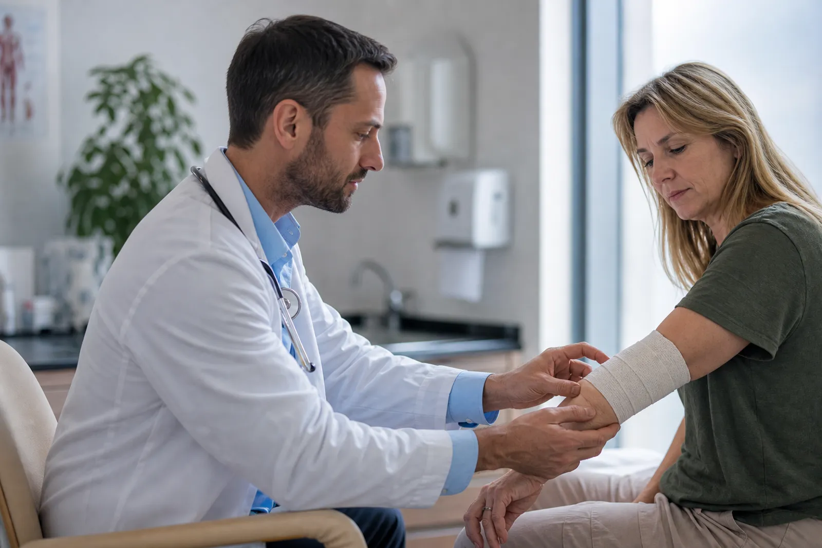 Une consultation médicale pour un soin au bras, ambiance de cabinet de médecine générale, lumière douce et rassurante.