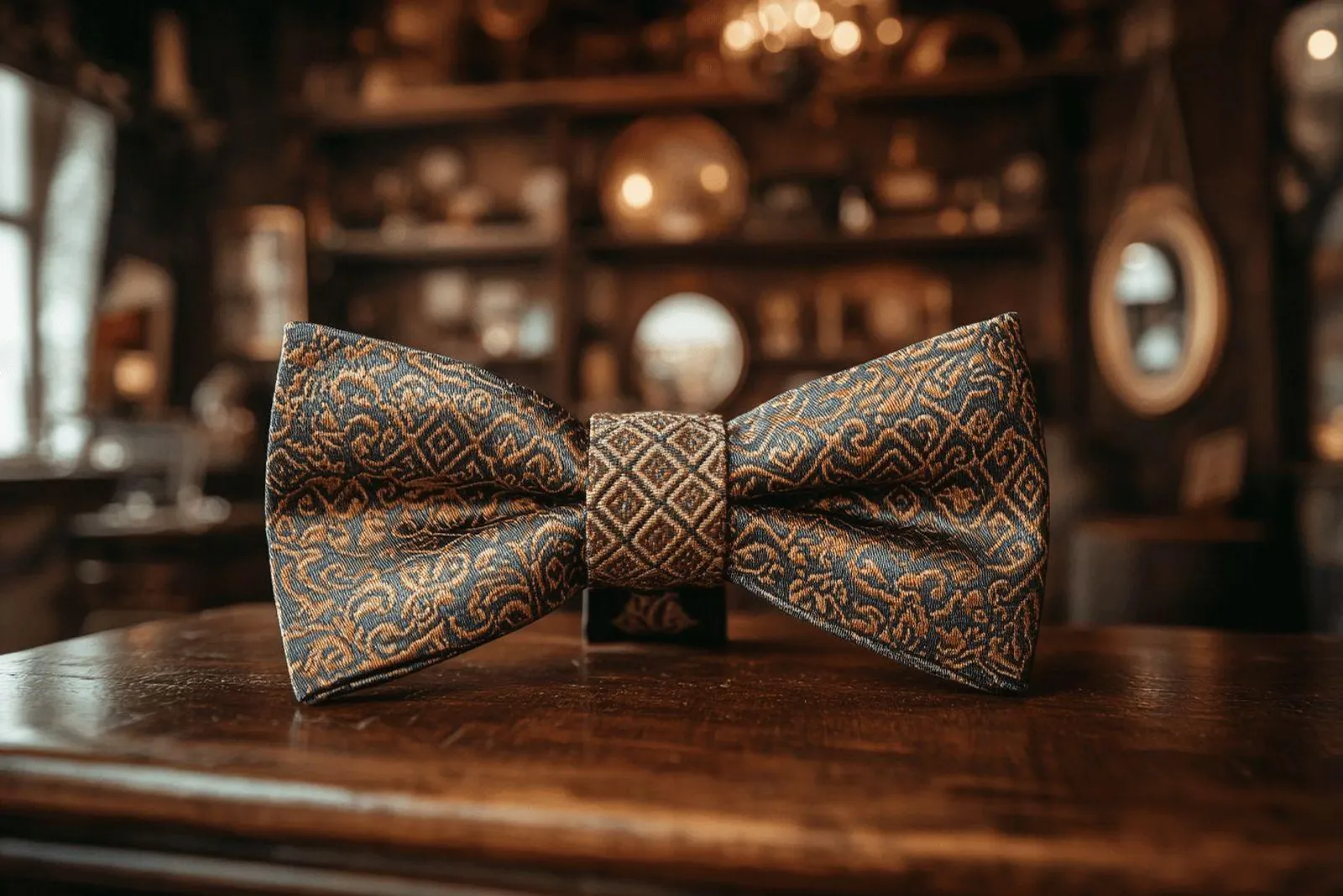 Un homme ajuste un nœud papillon d’inspiration vintage devant un miroir, dans une ambiance élégante et lumineuse.
