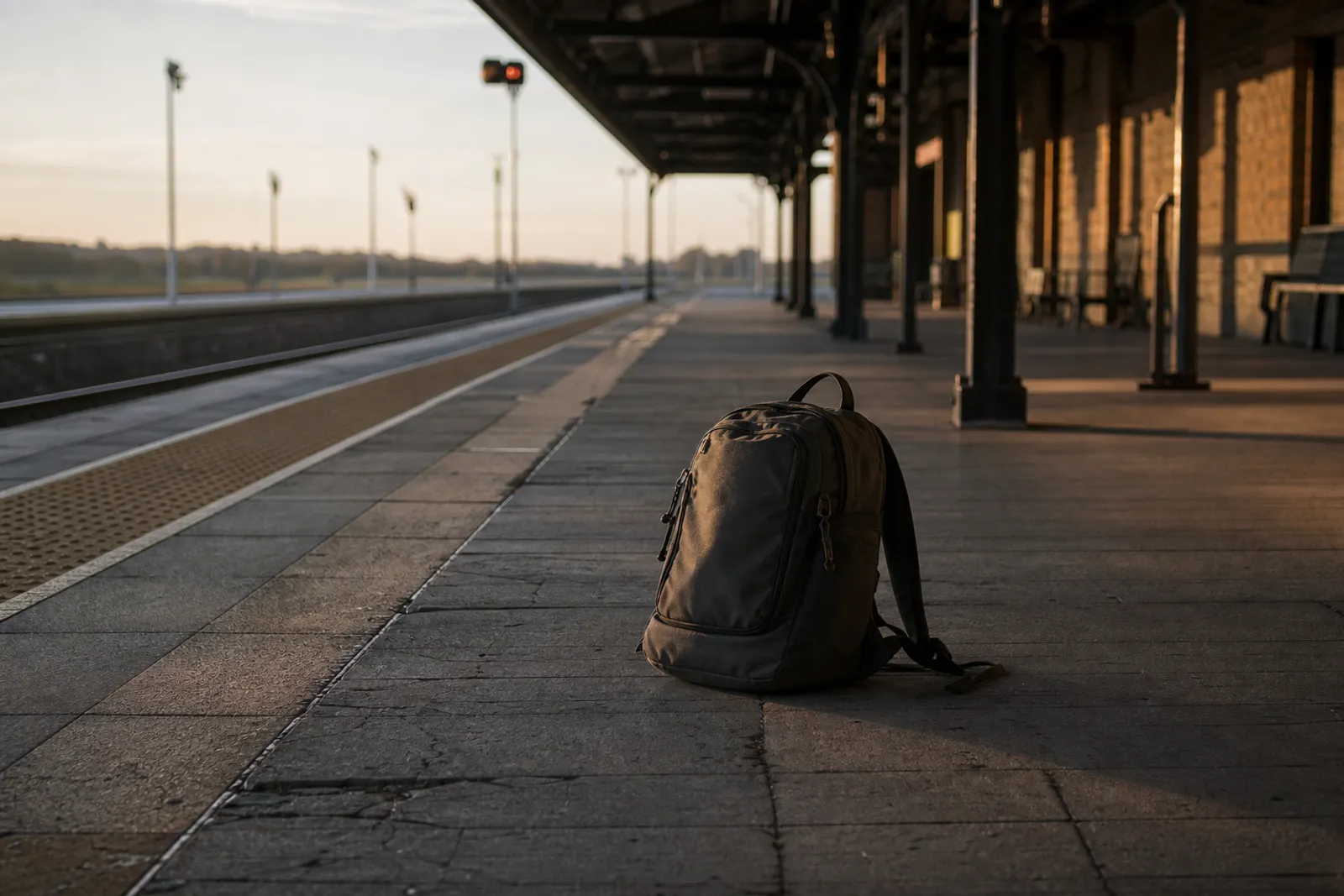 Un sac à dos oublié seul sur un quai de gare vide, lumière douce de fin de journée.