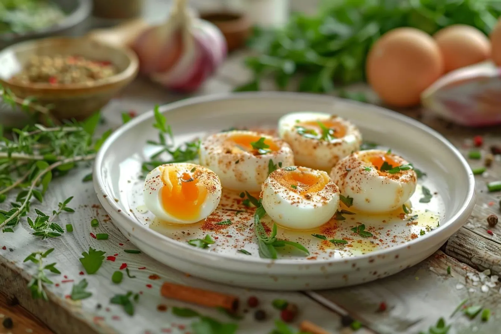 Une omelette rustique garnie de fromage fondu, d’oignons et d’herbes fraîches, servie dans une poêle sur une table en bois.