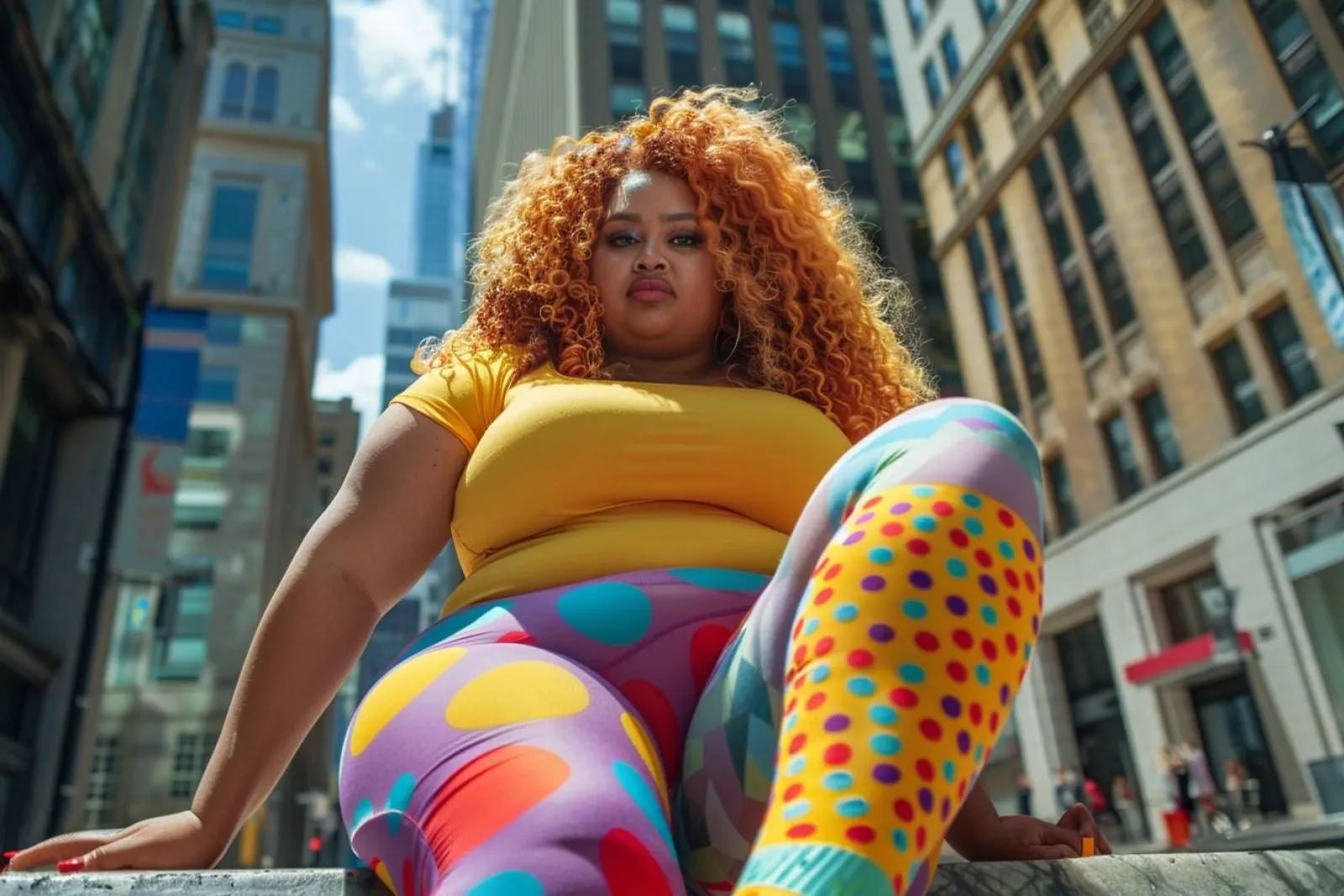 Une femme en boutique choisit des collants grande taille devant plusieurs modèles exposés sur une table.