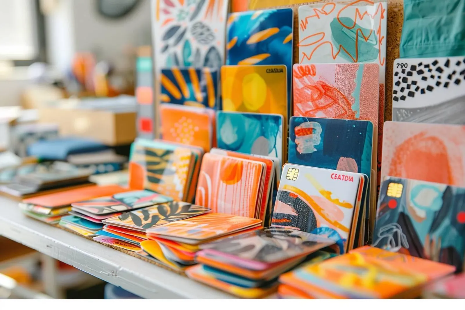 Une personne explore des idées de design pour stickers de cartes bancaires sur un bureau avec écran, smartphone et planches d’inspiration.
