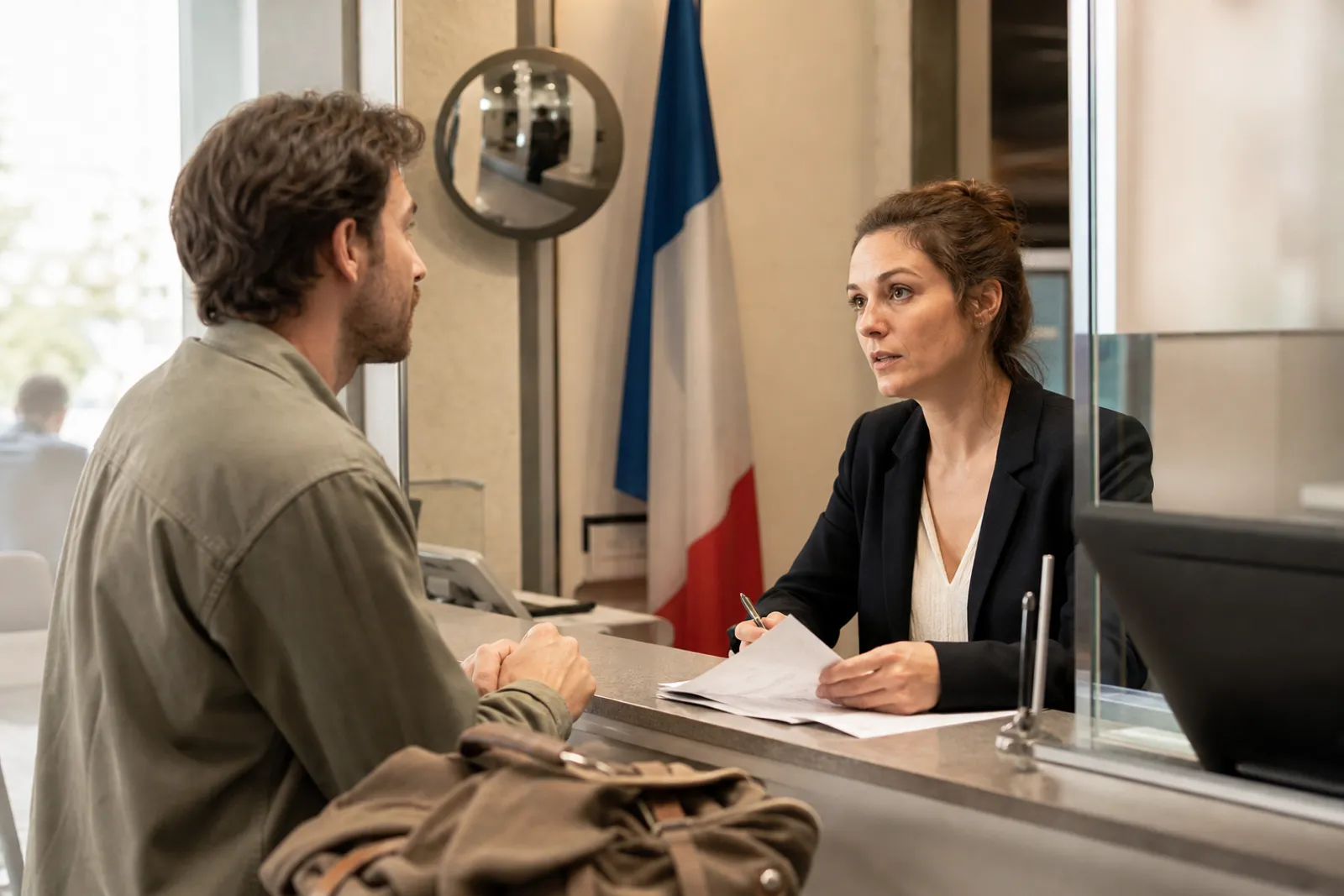 Un voyageur consulte ses papiers d'identité à un comptoir d'ambassade, lumière naturelle, ambiance calme et administrative.
