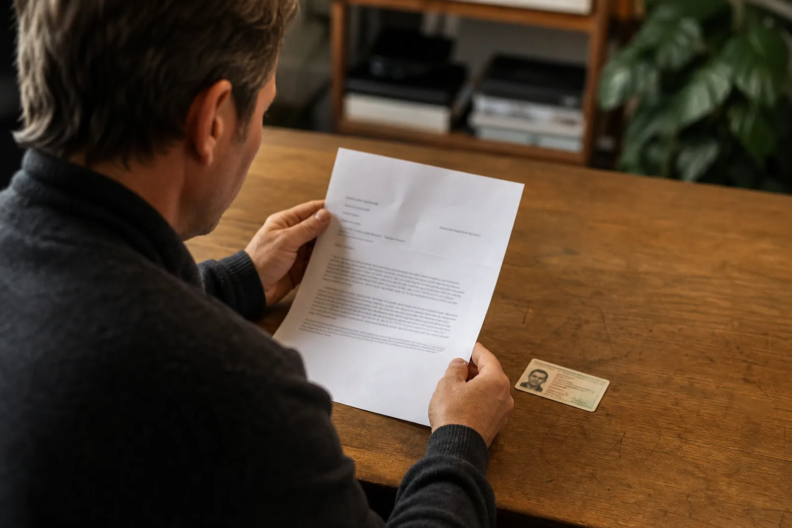 Une personne assise à une table examine une lettre administrative officielle à côté de son ancien permis de conduire.