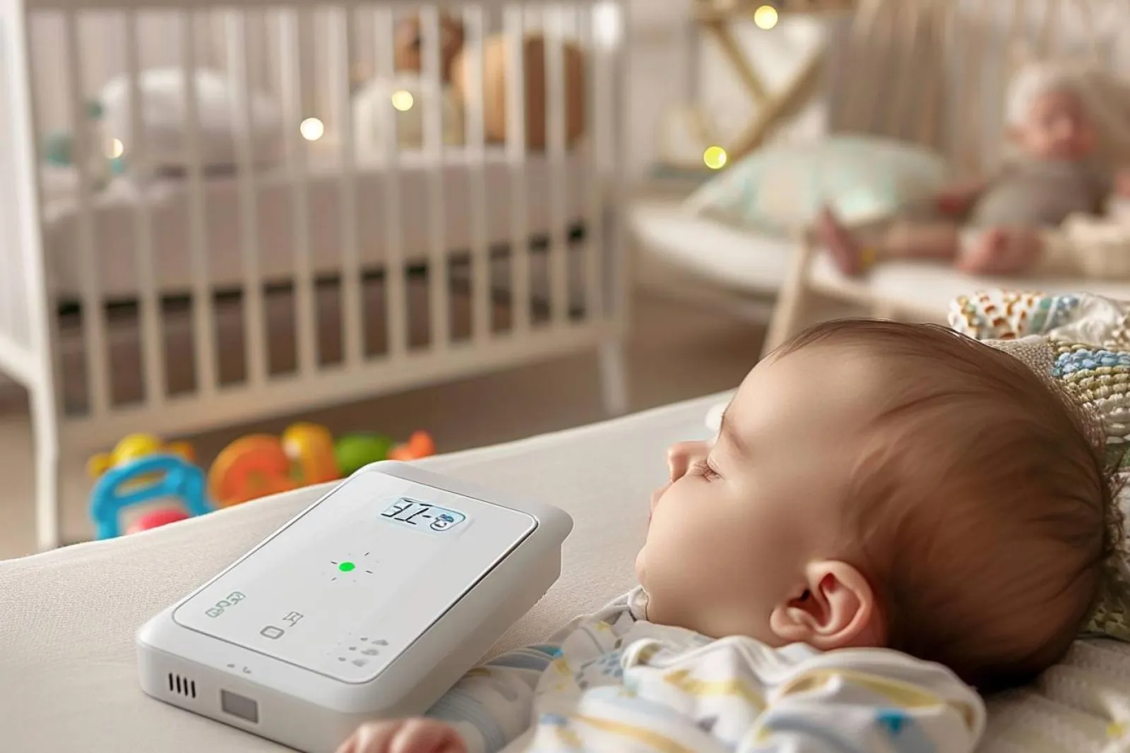 Un parent consulte l’application d’un babyphone connecté dans une chambre de bébé paisible et faiblement éclairée.