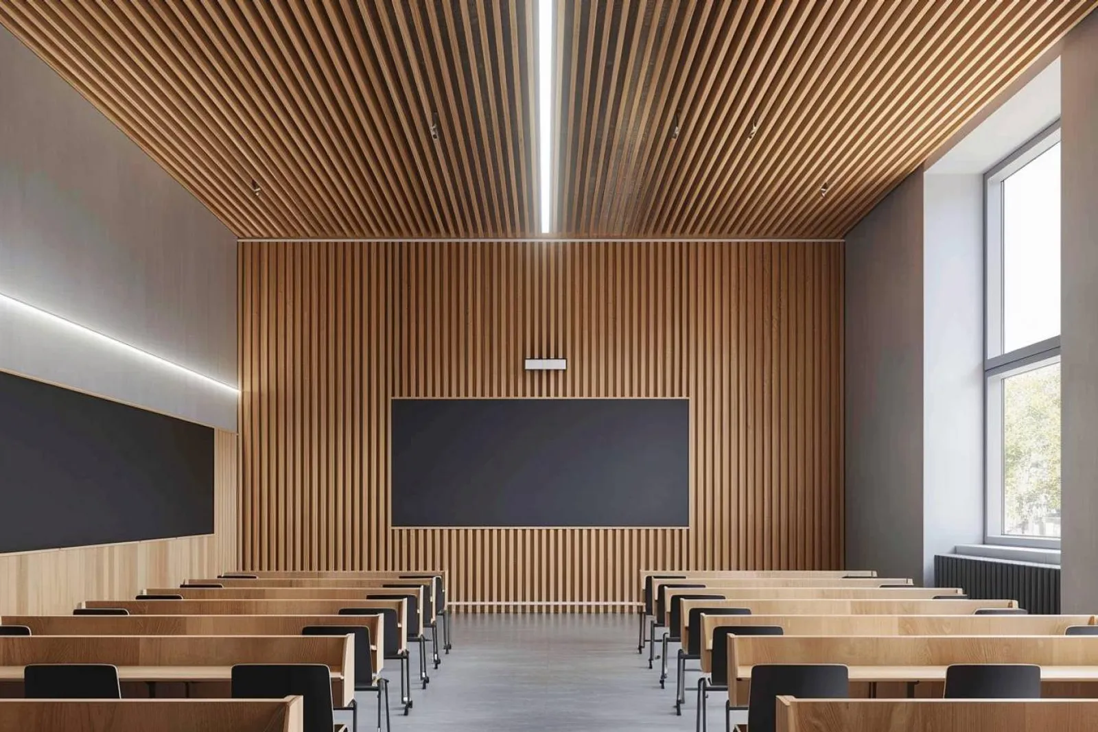 Une salle de classe moderne avec des panneaux acoustiques en lattes de bois sur un mur, dans une ambiance lumineuse et apaisée.