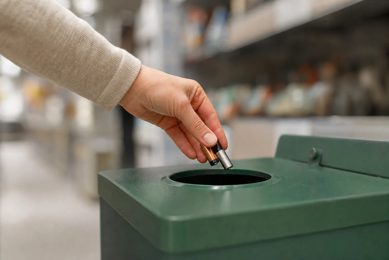 Des piles usagées déposées dans un bac de collecte dédié au recyclage, dans une ambiance sobre et lumineuse.