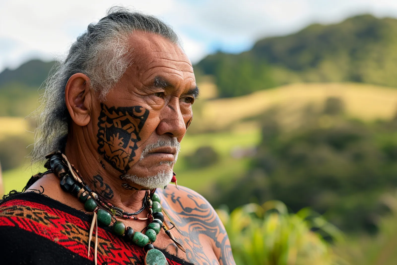 Un groupe d’accueil maori réuni dans la cour d’un marae en Nouvelle-Zélande, devant une maison de réunion sculptée.