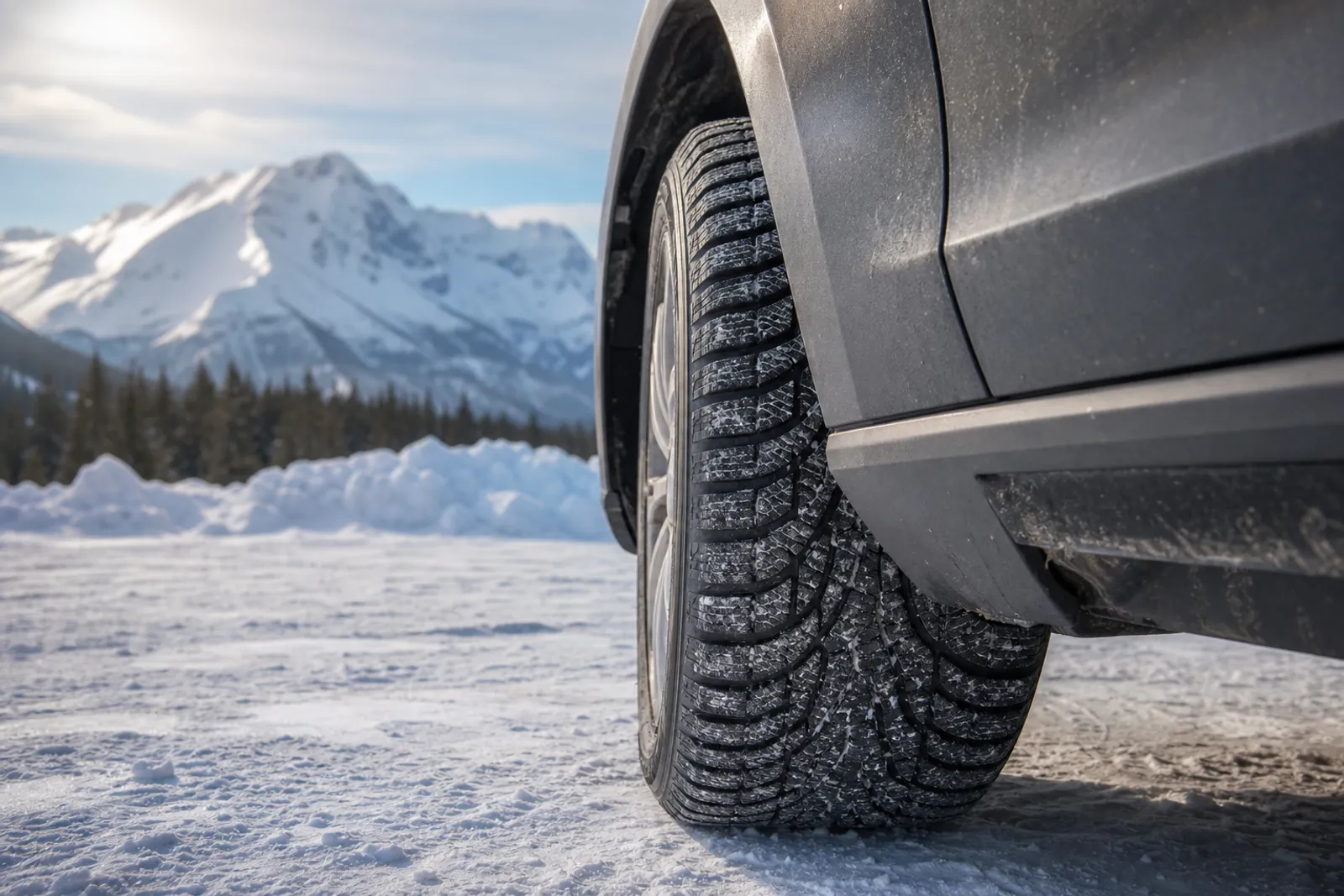 Gros plan sur un pneu hiver équipé sur une voiture, avec de la neige légère au sol dans un environnement de montagne.