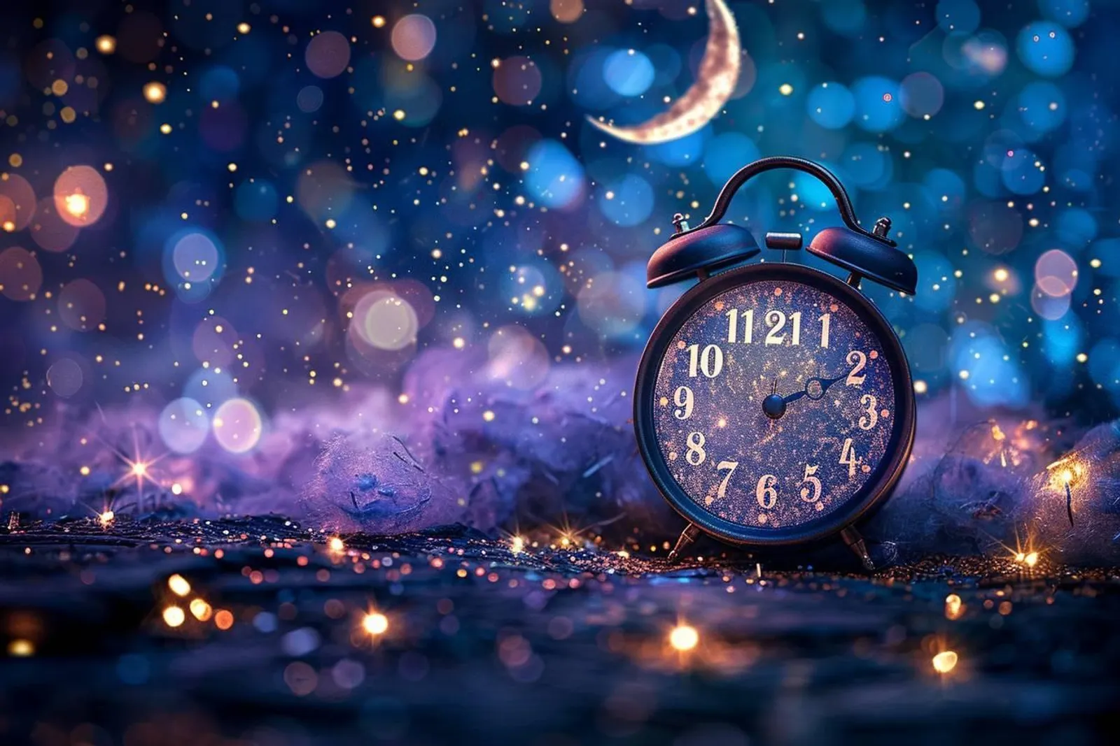 Une personne observe l’heure 21h21 sur un réveil dans une ambiance du soir apaisée.