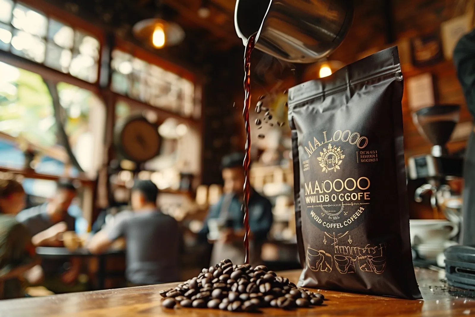 Un sachet de café en grains avec un moulin et une tasse d’espresso dans une cuisine lumineuse.