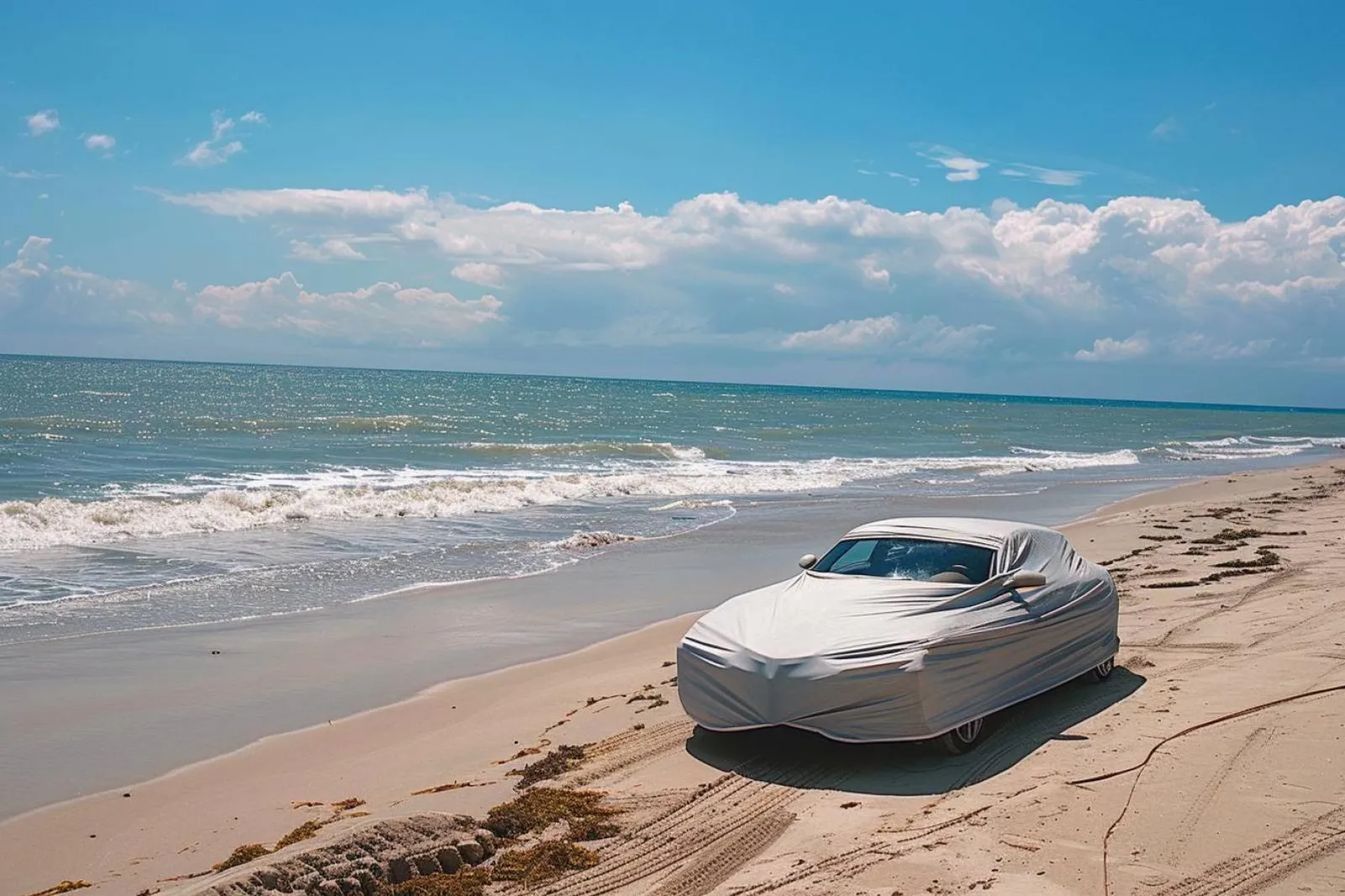 Une voiture couverte par une housse de protection près du littoral de Sète, sous une lumière naturelle douce.