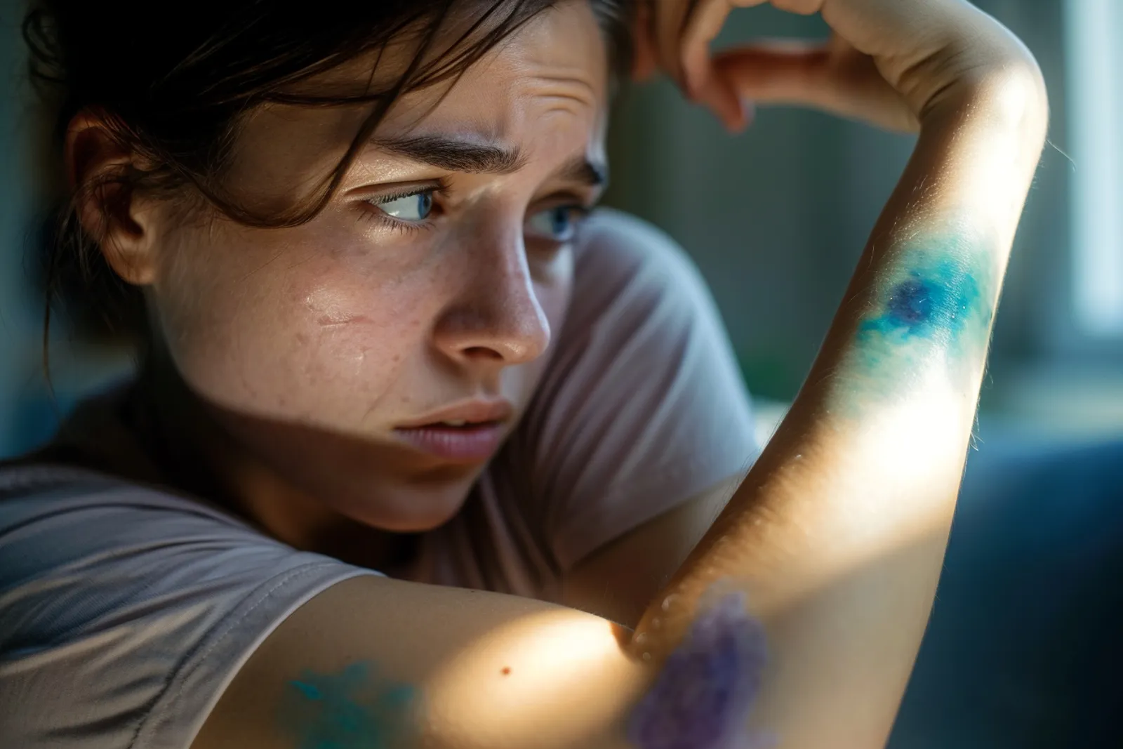 Une personne observe un bleu sur son avant-bras à la lumière naturelle, dans une scène de consultation du quotidien.