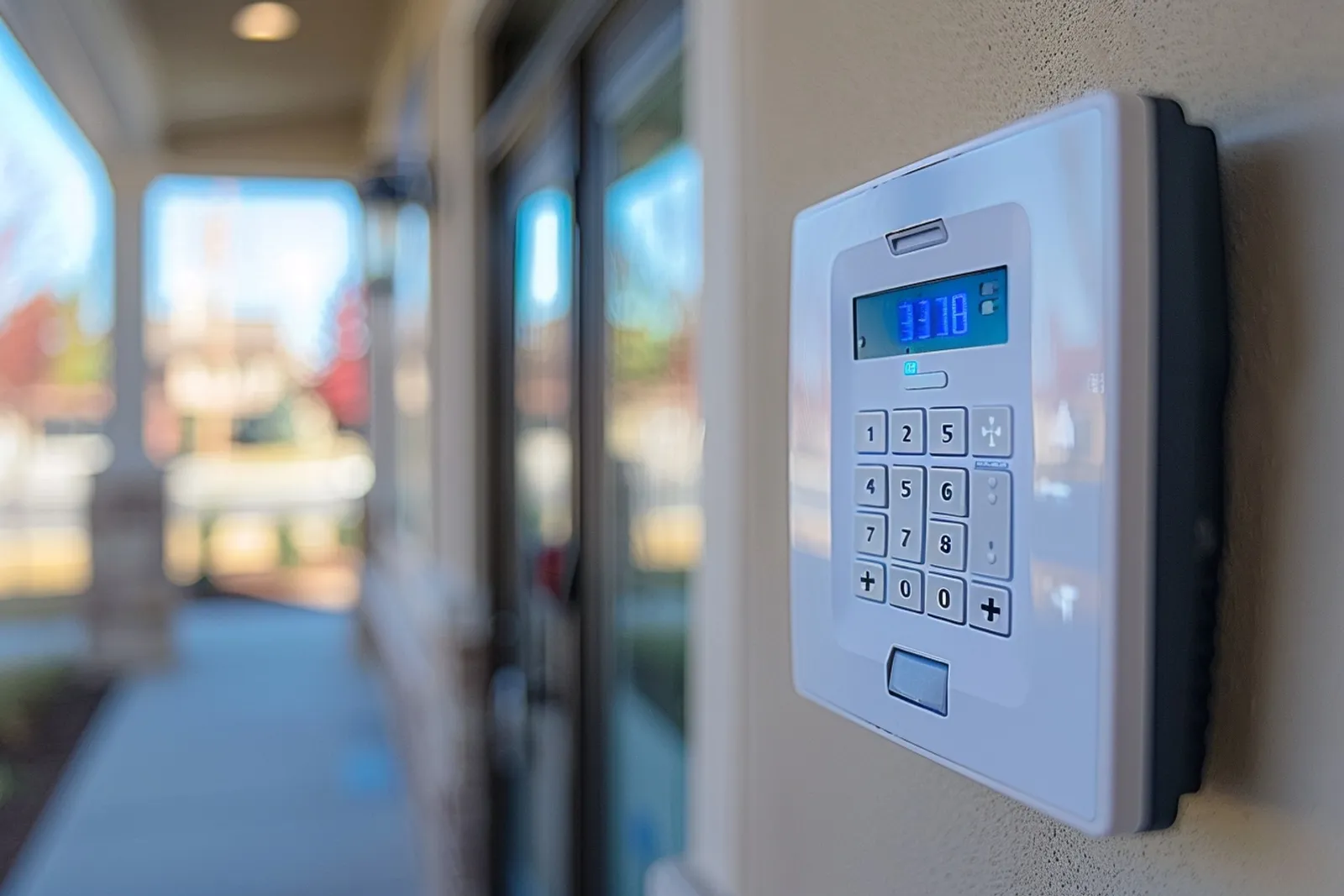 Une personne consulte une notification d’alarme domestique près de l’entrée d’une maison moderne.