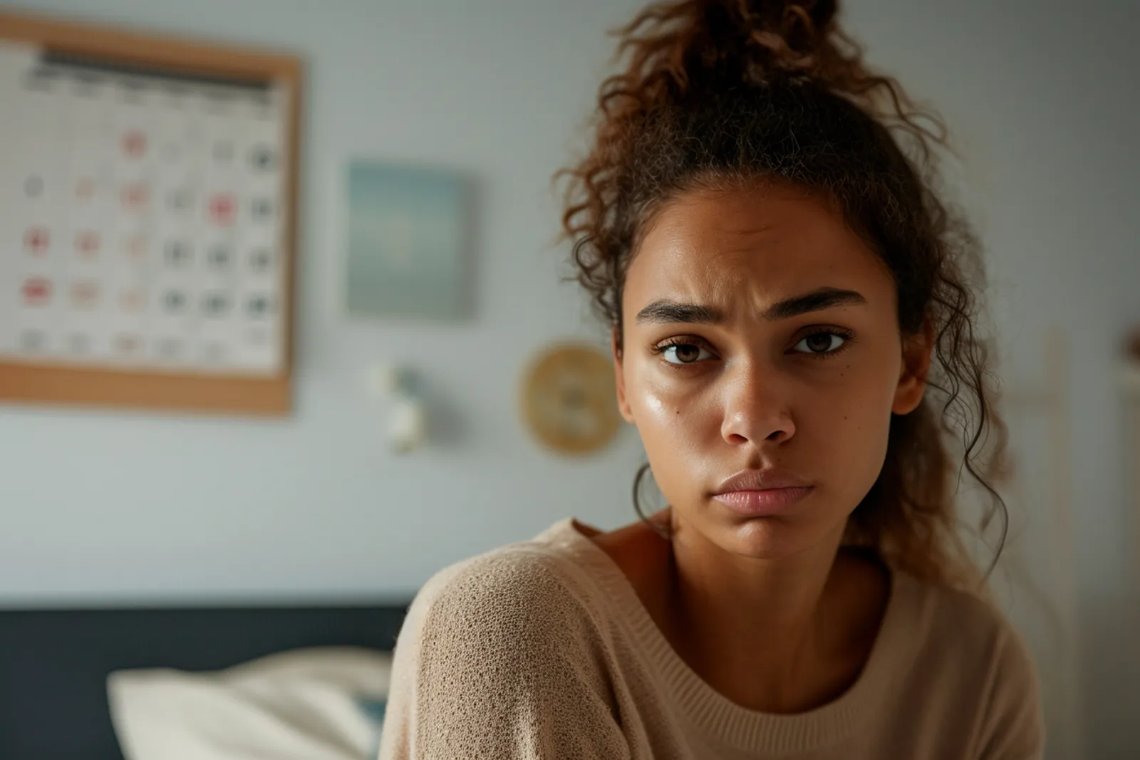 Une femme regarde un calendrier dans une chambre éclairée par la lumière du matin, dans un contexte de questionnement sur l’absence de règles.