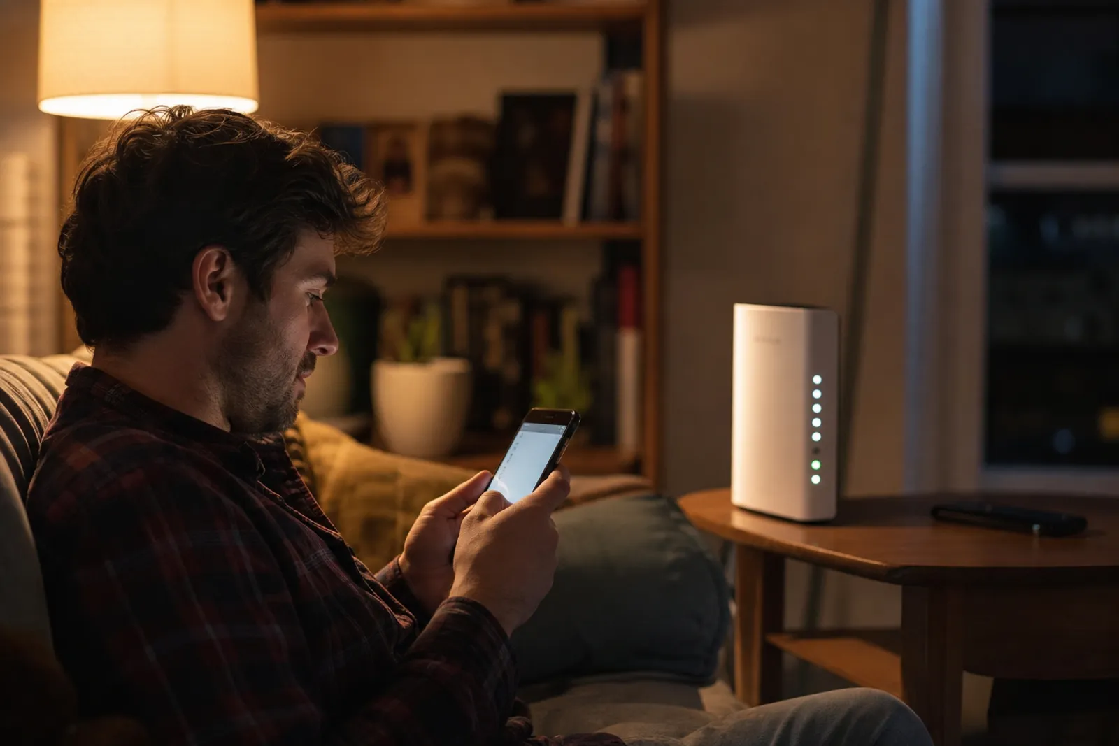 Une personne consulte son smartphone dans un salon le soir, à côté d'une box internet aux voyants allumés.