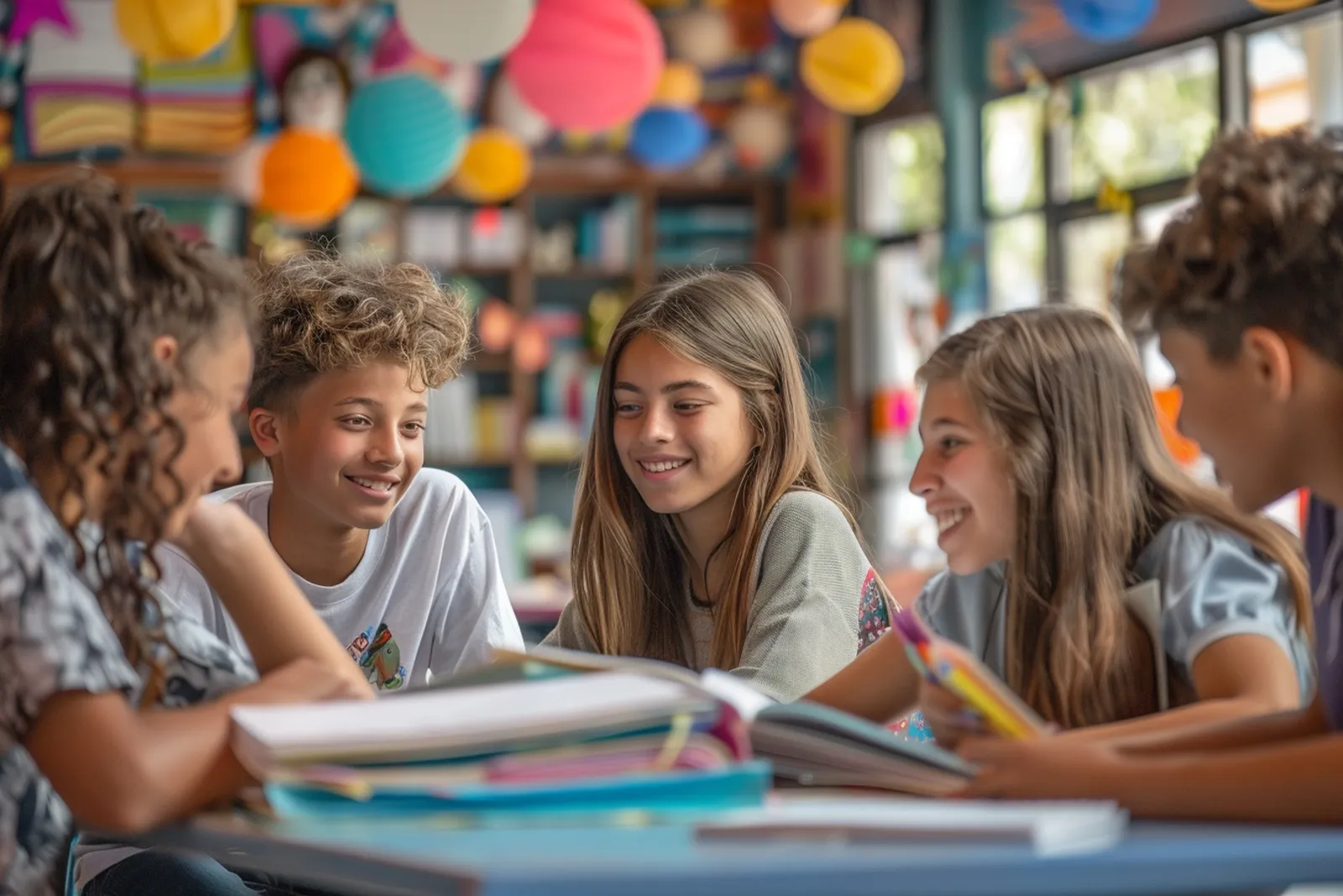 Un adolescent en séjour linguistique en Angleterre échange avec d’autres jeunes devant une école, dans une rue britannique.