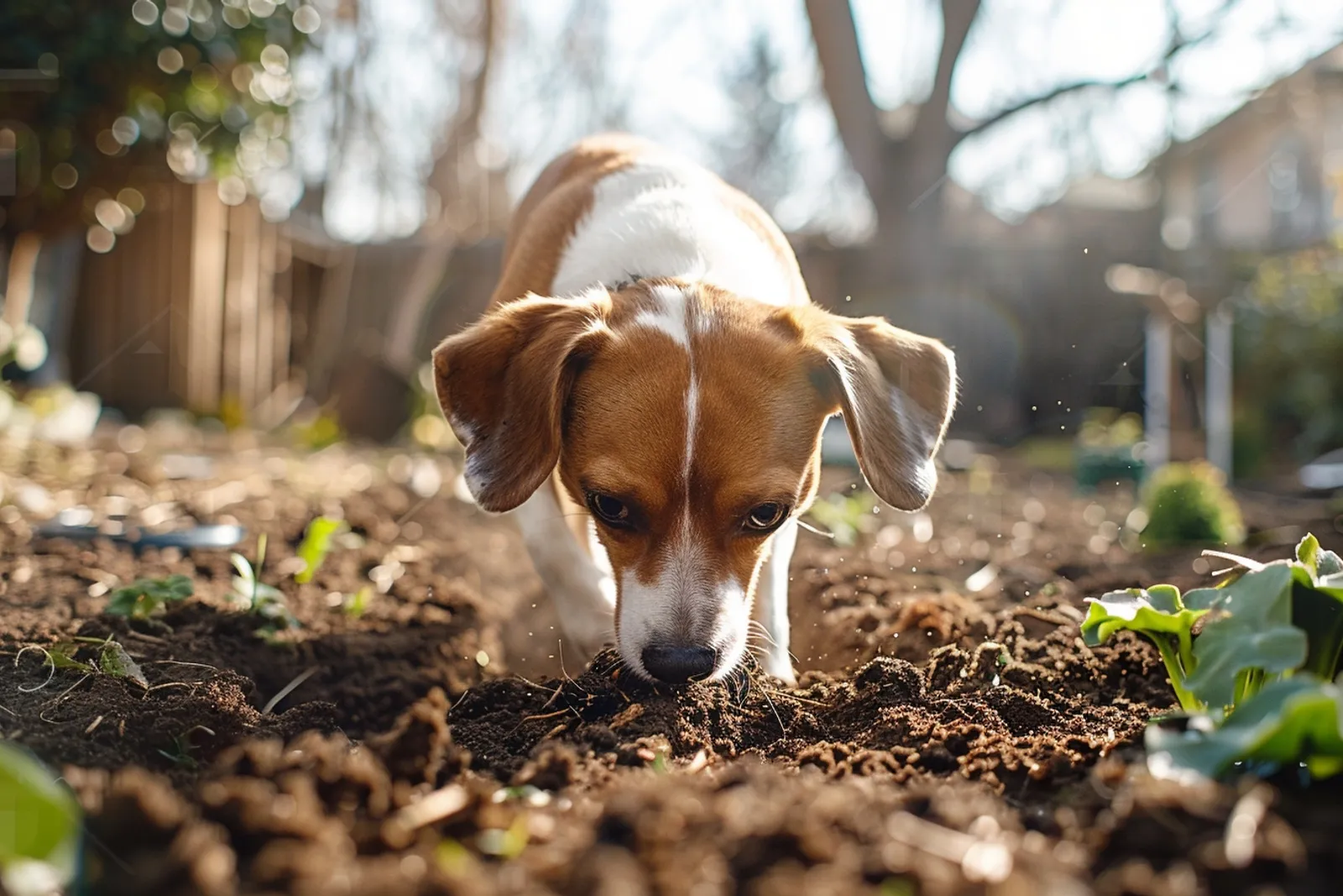 Un chien creuse la terre dans un jardin ensoleillé, sous le regard de son propriétaire.
