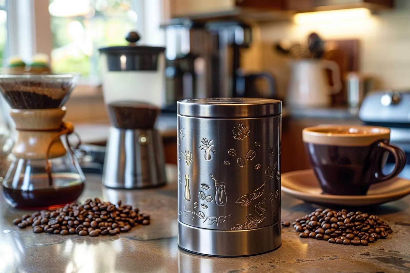 Une boîte de conservation hermétique ouverte avec des grains de café en cuisine, dans une lumière naturelle douce.