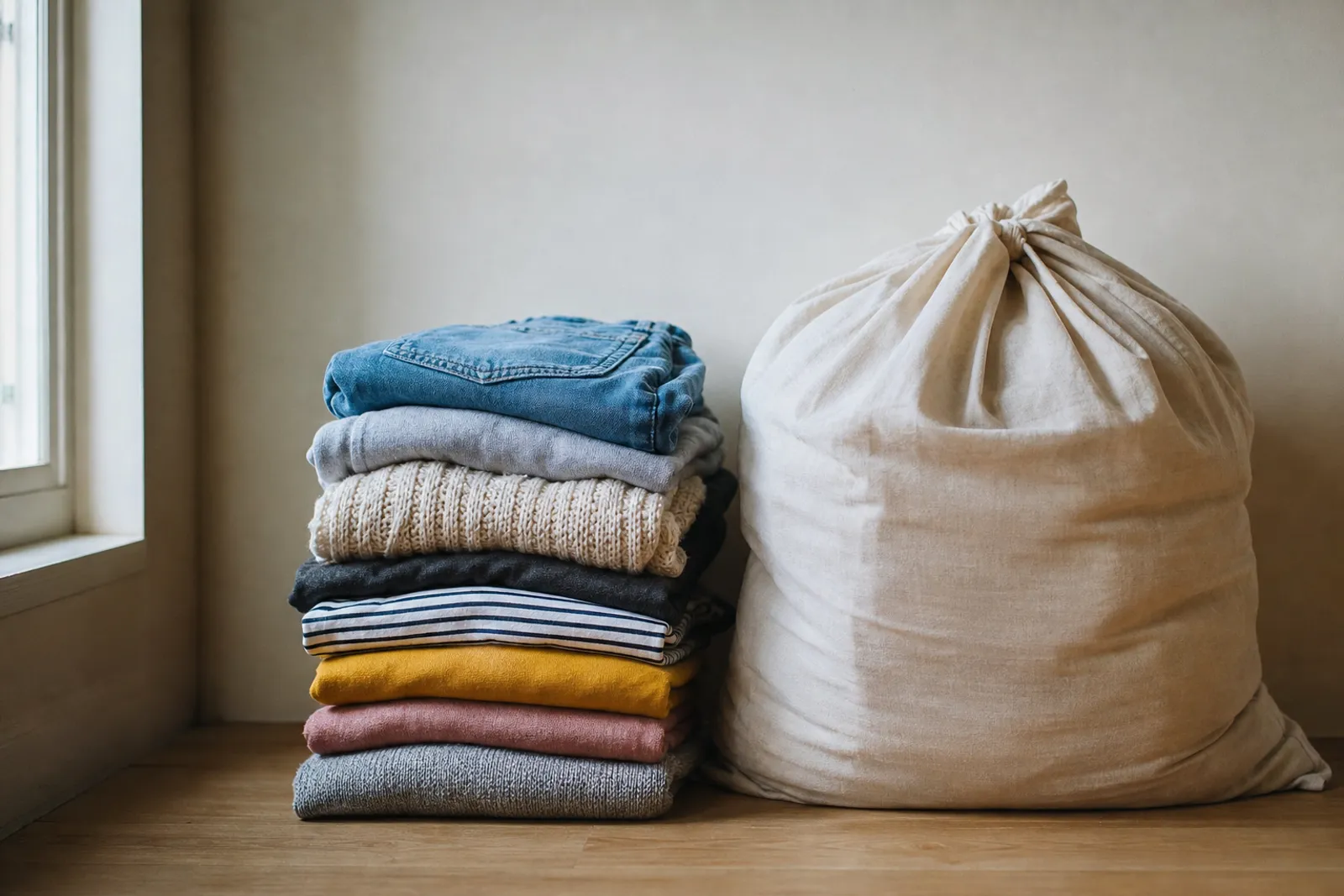 Des vêtements pliés soigneusement empilés à côté d'un sac de collecte textile, lumière naturelle douce.
