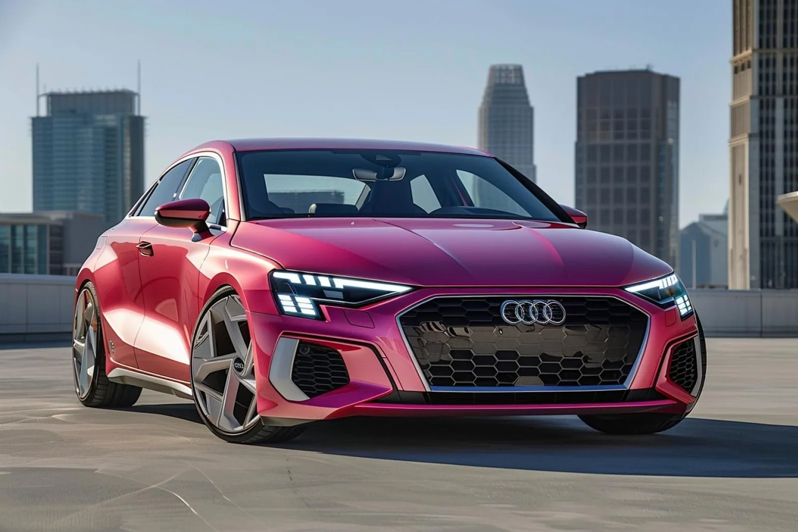 Une Audi A3 2024 garée dans une rue urbaine, vue trois-quarts avant, avec une lumière naturelle soignée.