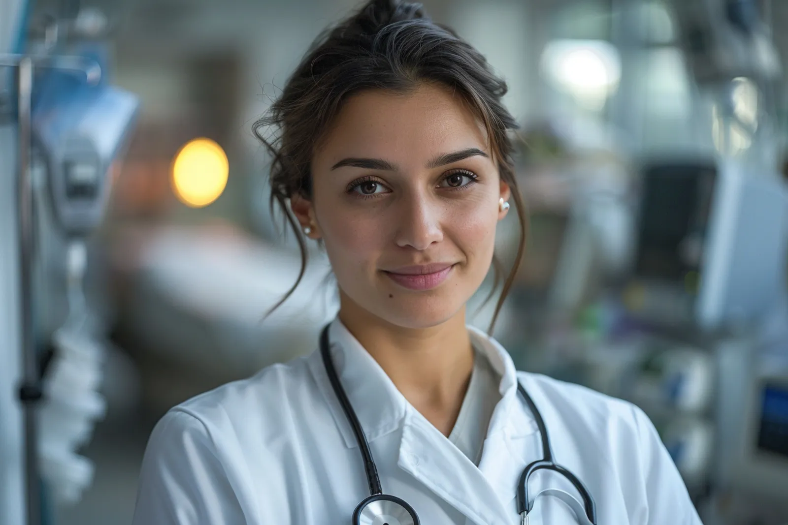 Étudiante en soins infirmiers travaillant ses cours dans une salle de formation, avec un contexte hospitalier en arrière-plan.